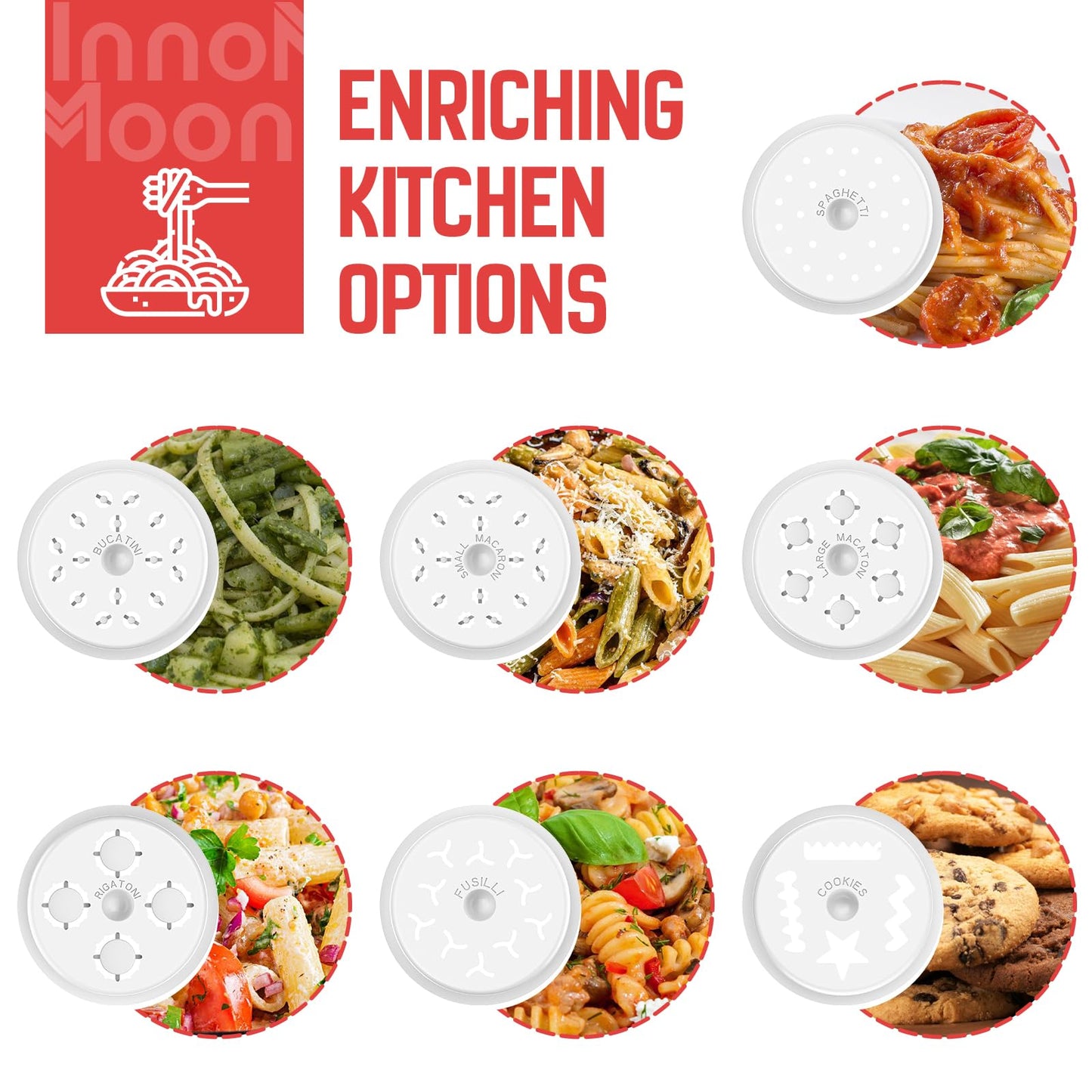 Gourmet Pasta Press Attachment for KitchenAid Stand Mixers, Pasta Press for KitchenAid Mixer with 7 Interchangeable Pasta Plates, Pasta Extruder Attachment by InnoMoon