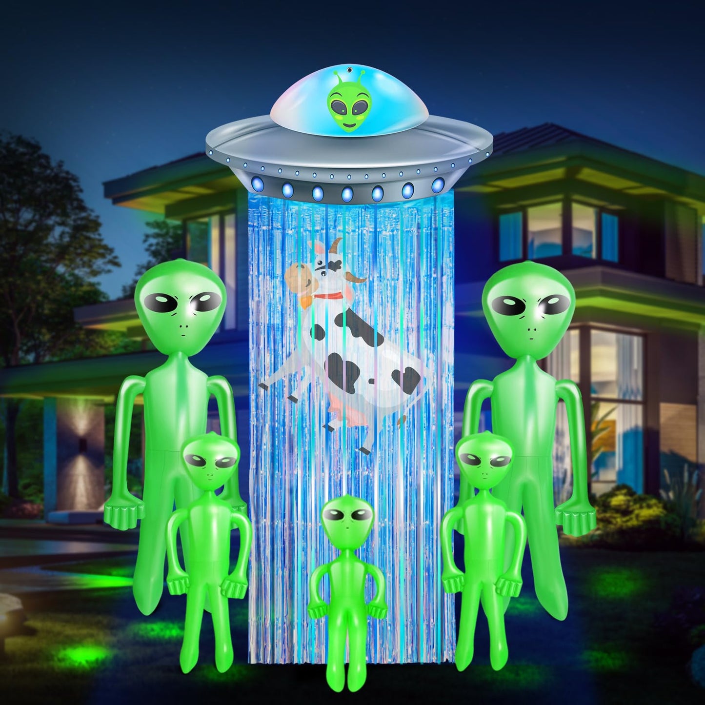 Simgoing 6 Pcs Alien Birthday Party Decorations Set Alien Door Curtains with Tinsel Foil Fringe Curtain and Inflatable Aliens UFO Spacecraft Party Flying Saucer Spaceship Hanging Banner for Halloween
