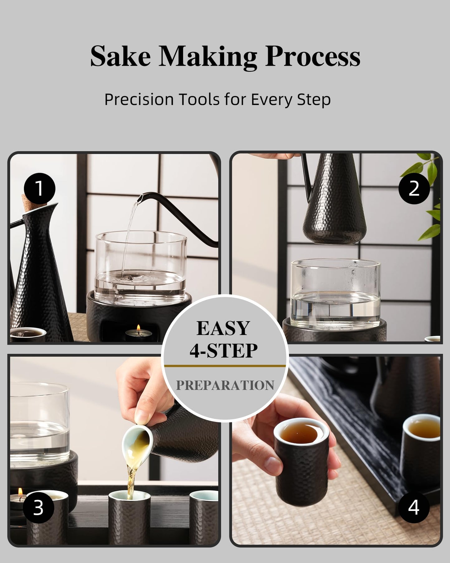 ZENS Sake Set with Warmer, 12 Ounce Embossed Ceramic Sake Bottle 6 Sake Cups and Glass Pot for Hot or Cold Japanese Sake, Black Sake Carafe Gift Sets with Cotton Towel