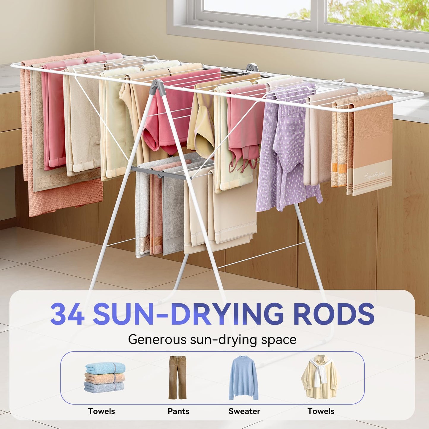 APEXCHASER Clothes Drying Rack, Foldable Oversized Drying Rack Clothing with U-Shaped Foot Cover, Height-Adjustable, Multi-Bar Laundry Rack, Indoor Outdoor Use, 20.47"D x 70"W x 42.52"H, Pearl White