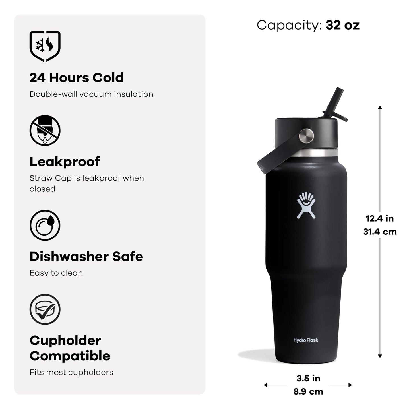 Hydro Flask Travel Water Bottle - Insulated Stainless Steel - Wide Straw Lid, Non Spill, Leakproof in 32 Oz Oat Tan