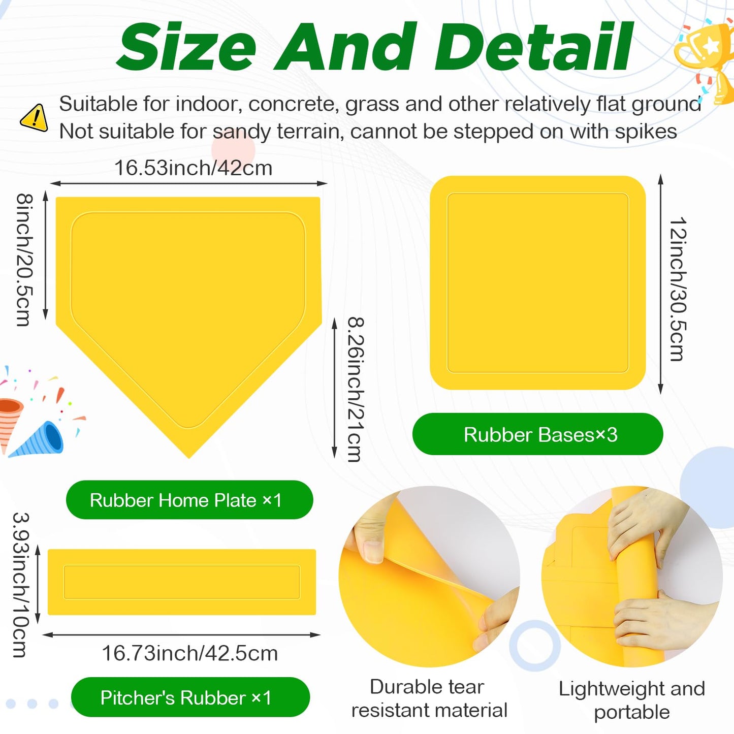 Jenaai 20 Pcs Sports Kickball Set, 3 10'' Playground Ball, 5 Rubber Throw Down Bases, Ball Pump, Net Bag, 10 Foul Line Cones, Kickball All in One Kit for Kids Adults Playground Backyard Game (Yellow)