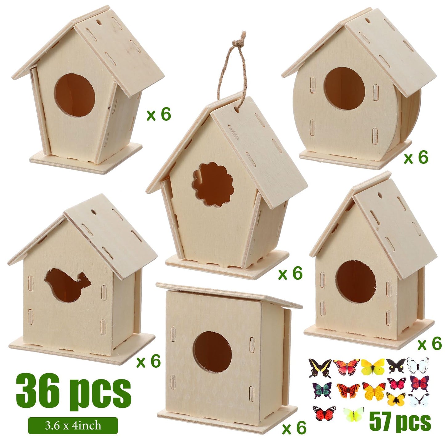 Sawysine 93 Pcs DIY Birdhouse Kits for Kids to Build, 36 Wooden Bird House 6 Shapes and 57 Butterfly Sticker for Children Spring Craft Activity Art Project DIY(Multiple Entrance)