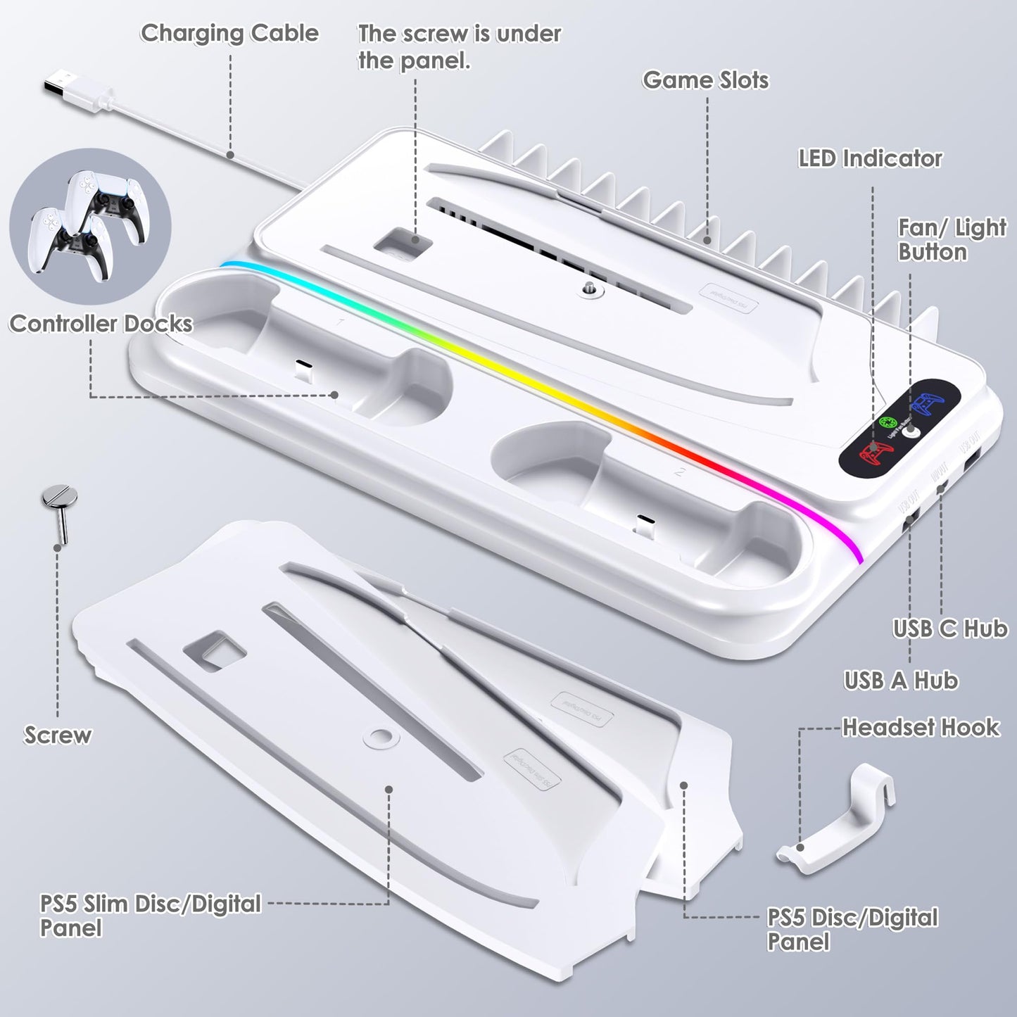 PS5 Cooling Station for PS5/PS5 Slim Disc Digital Console, PS5 Cooling Stand PS5 Slim Cooling Station, PS5 Stand PS5 Accessories with PS5 Controller Charger, 3 Level Fan, 12 Game Slots, RGB Lights