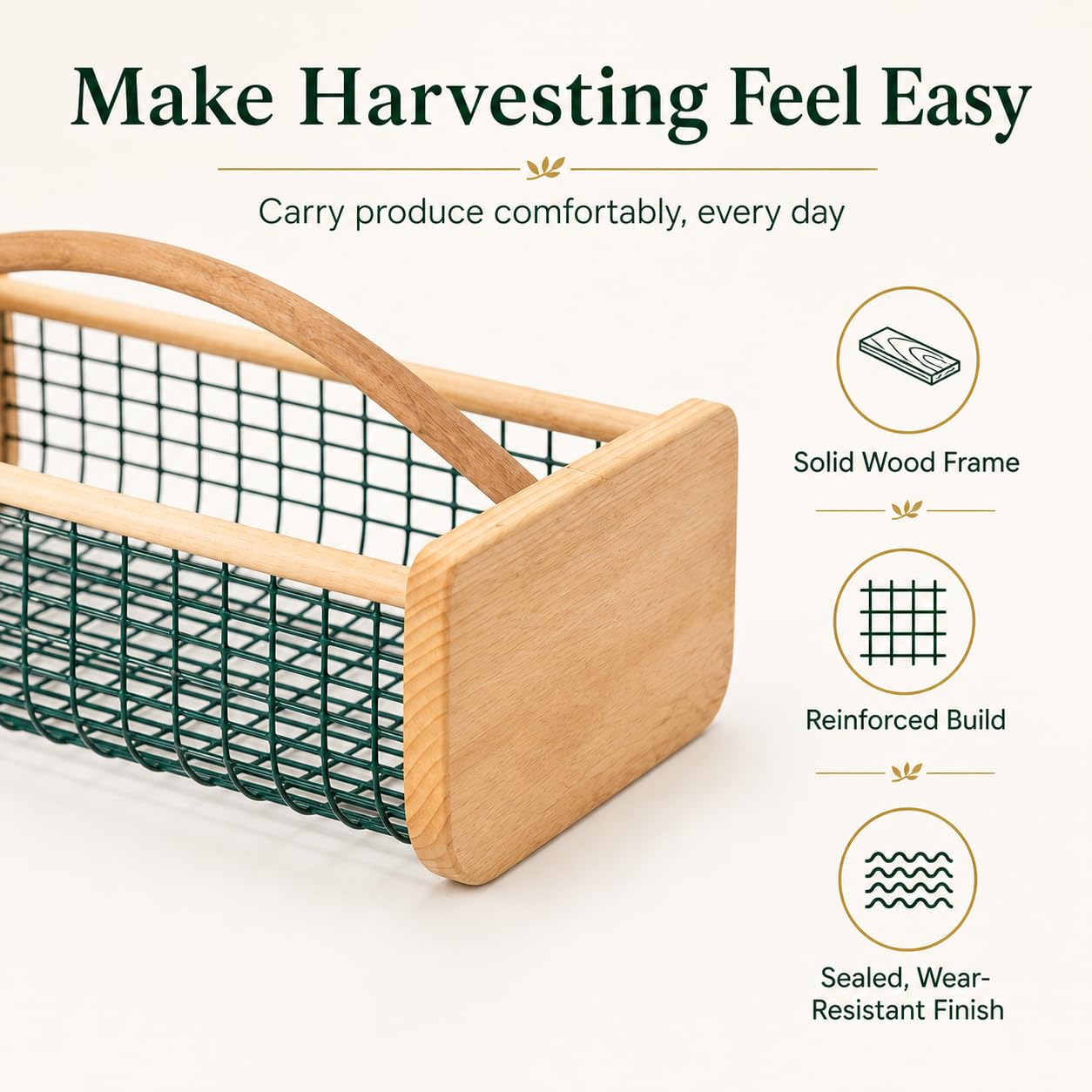 Extra Large Garden Harvest Basket for Vegetables, Wooden Garden Hod with Handle, Coated Metal Mesh Produce Caddy for Gathering, Rinsing, Draining & Countertop Display