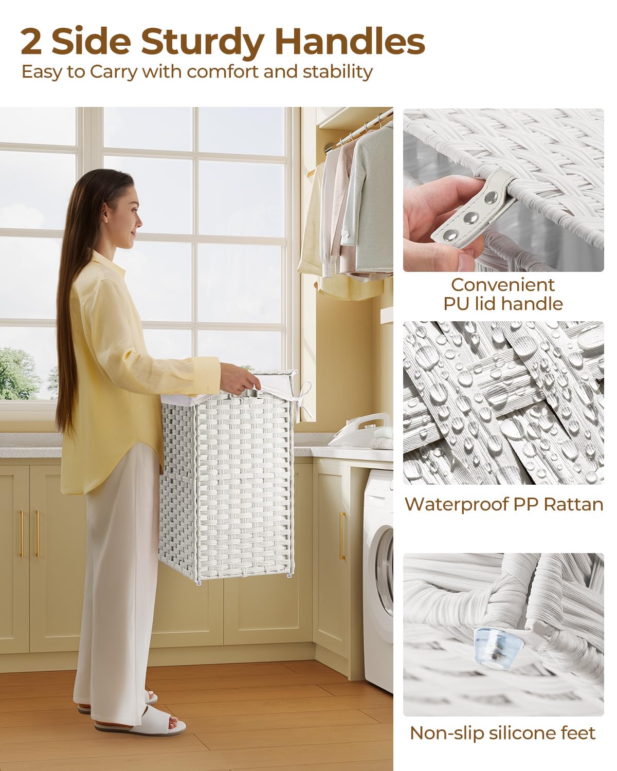 Greenstell Laundry Hamper with Lid, 90L Clothes Hamper with 2 Removable Liner Bags & 2 Mesh Laundry Bags, Handwoven Synthetic Rattan Laundry Basket for Clothes, Toys in Bathroom, Bedroom White