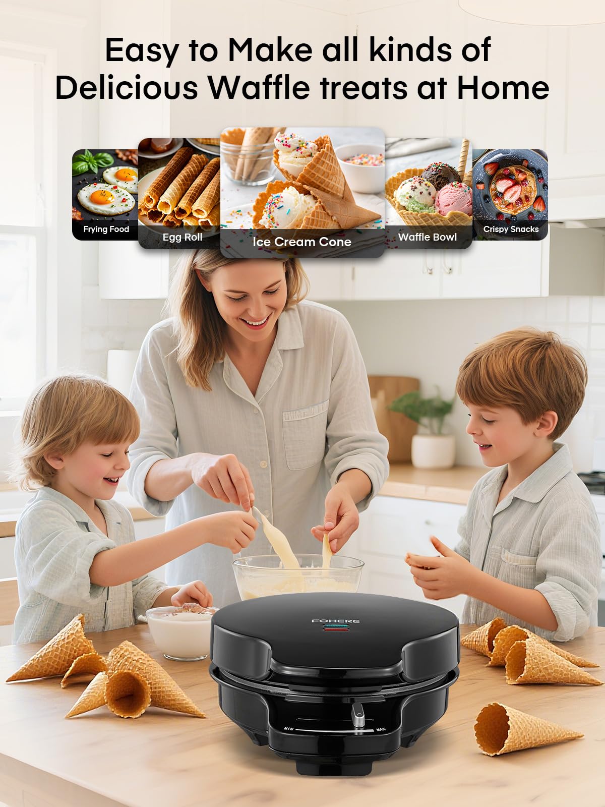 FOHERE Waffle Cone Maker Machine and Ice Cream Bowl Maker with Browning Control, Double Side Nonstick Waffle Bowl Maker with Cone Roller, 7.5” Thin Waffle Maker for Home Kitchen
