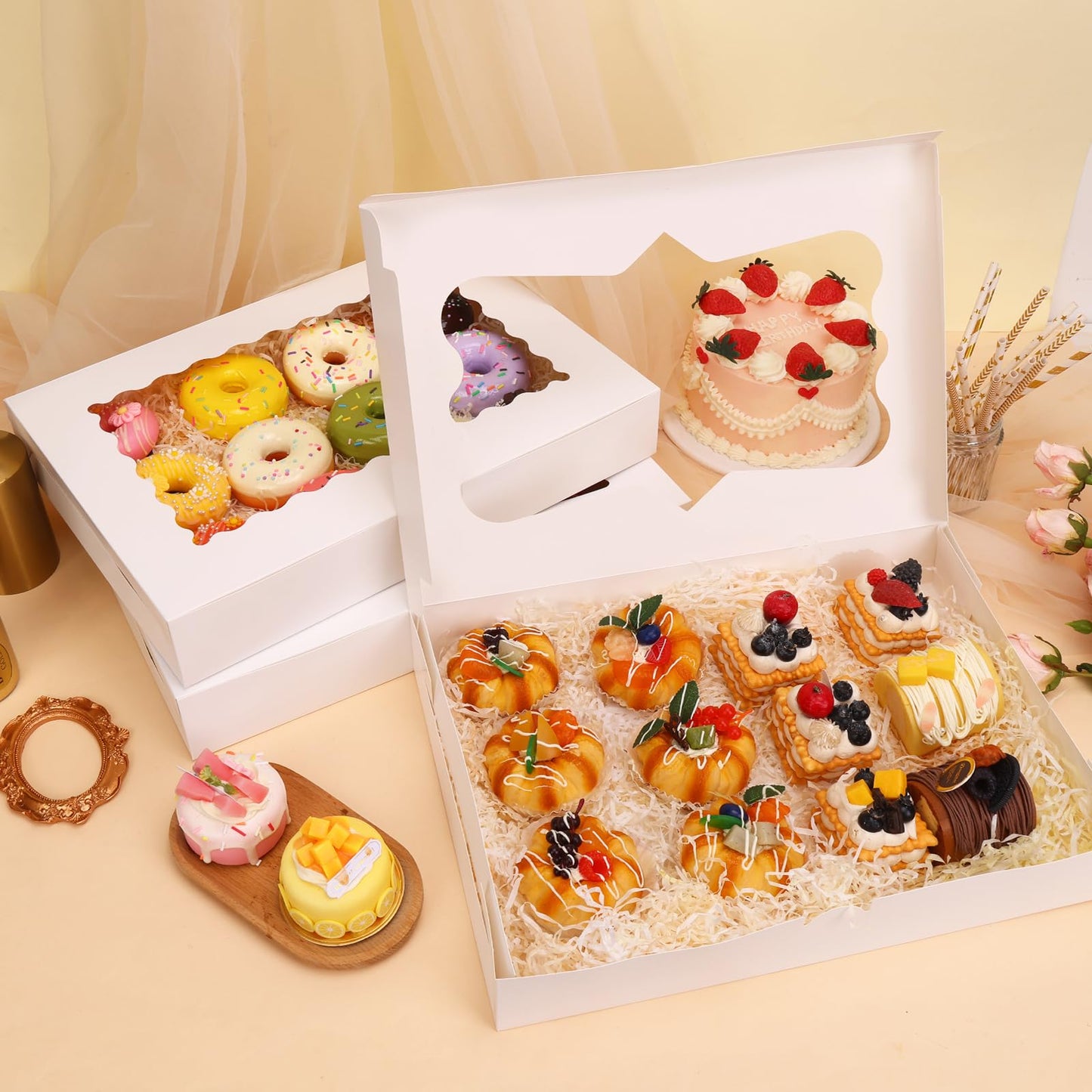 Moretoes 60pcs 16x11x2.5 Inch Cookie Boxes (Not Popup), Bakery Boxes with 3 Style Window for Pastries, Pies, Muffins, Chocolate Covered Strawberries