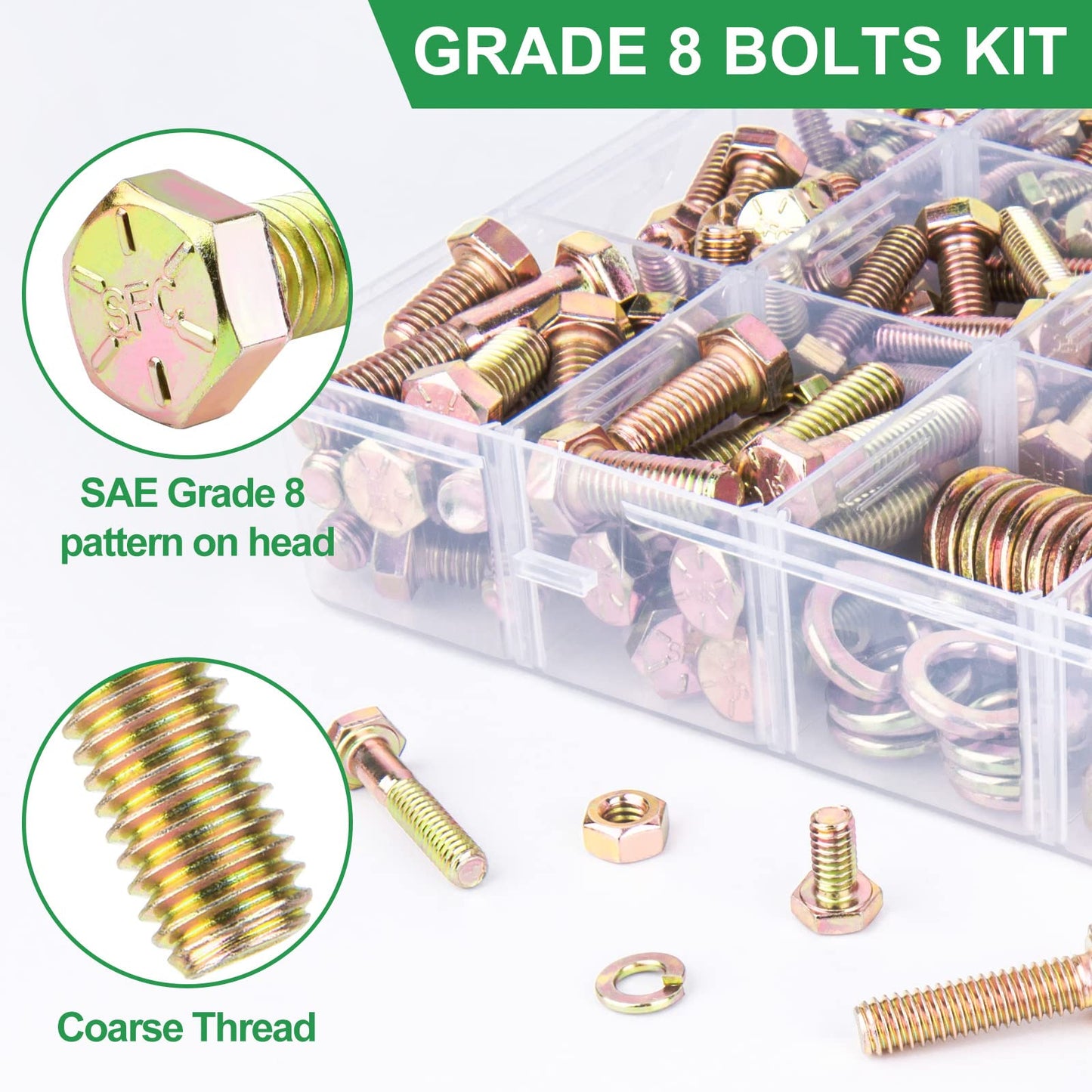 FOLIV 608pcs Grade 8 Bolts and Nuts Assortment Kit, 1/4-20, 5/16-18, 3/8-16, 1/2-13 Heavy Duty Hex SAE Bolts Nuts Washers Assortment Kit