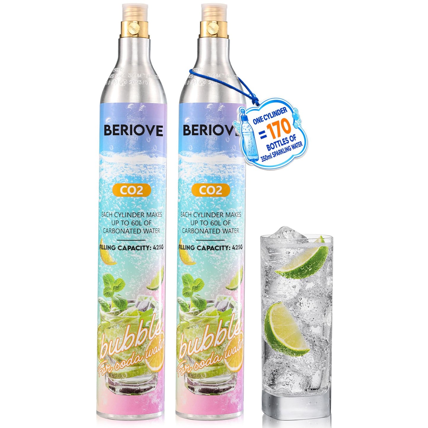 BERIOVE CO2 Cylinders Refill 60L: Threaded CO2 Cartridges for Screw-In Soda Makers Sparkling Water Machines (2 Pack)