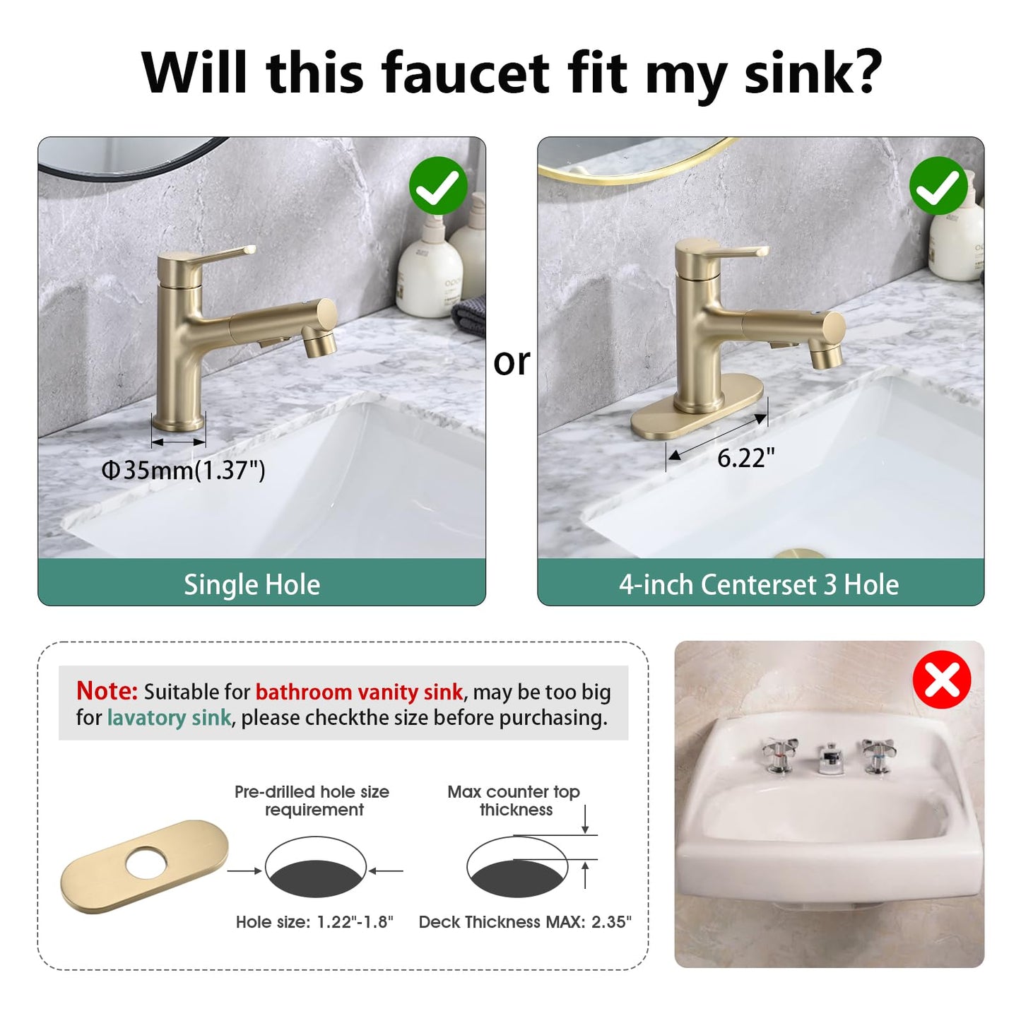 Besfelos Bathroom Sink Faucet with Pull Out Sprayer, Single Handle Modern Bathroom Basin Faucet with Pop-up Sink Drain Stopper & Deck Plate 1 or 4-inch Centerset 3 Hole, Gold