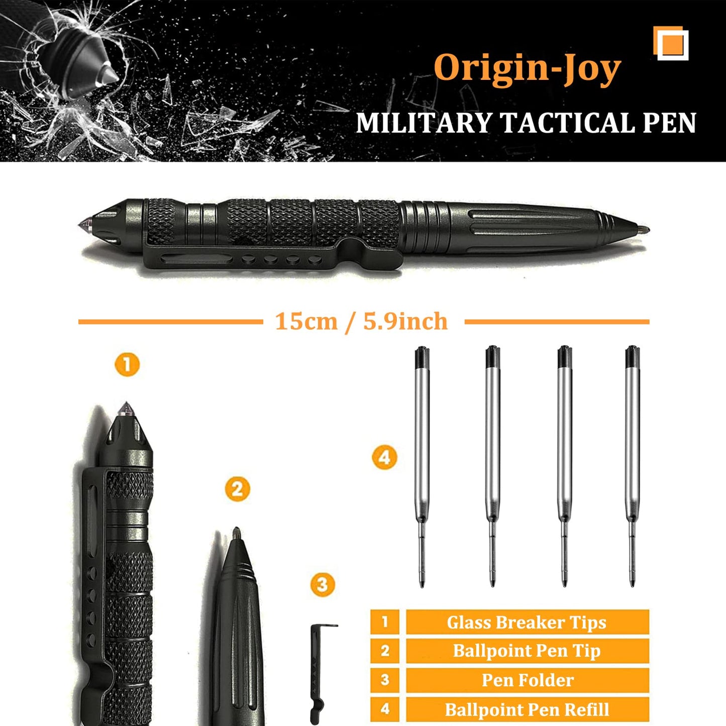 Origin-Joy 10 Pack Tungsten Steel Military Tactical Pen Set, Multifunctional EDC Self Defense Pen With 40 Ballpoint Refills (Individually Wrapped Per Pen)
