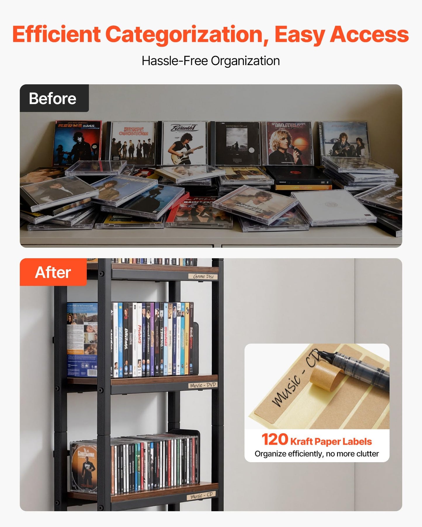 VEVOR Media Storage Cabinet, 4-Shelf DVD Shelf Organizer with Drawers, 15.75 x 11.81 x 56.50 in Multimedia Storage Organizer for CDs, DVDs, Books and Games, CD Cabinet for Living Room, Home Office