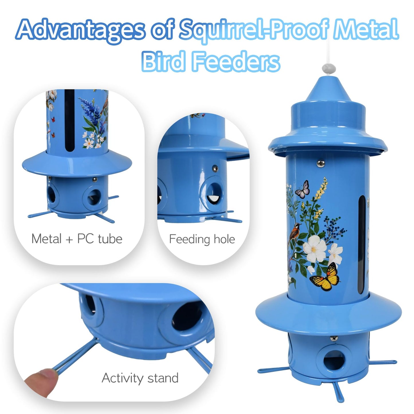 Pitoutfir Squirrel Proof Bird Feeders, Long Lasting Bird Feeder for Outdoors, Reliable and Rust Resistant Metal Station for Prevents Squirrels from Stealing Food,5LB Large Capacity (Blue Bird Feeder)