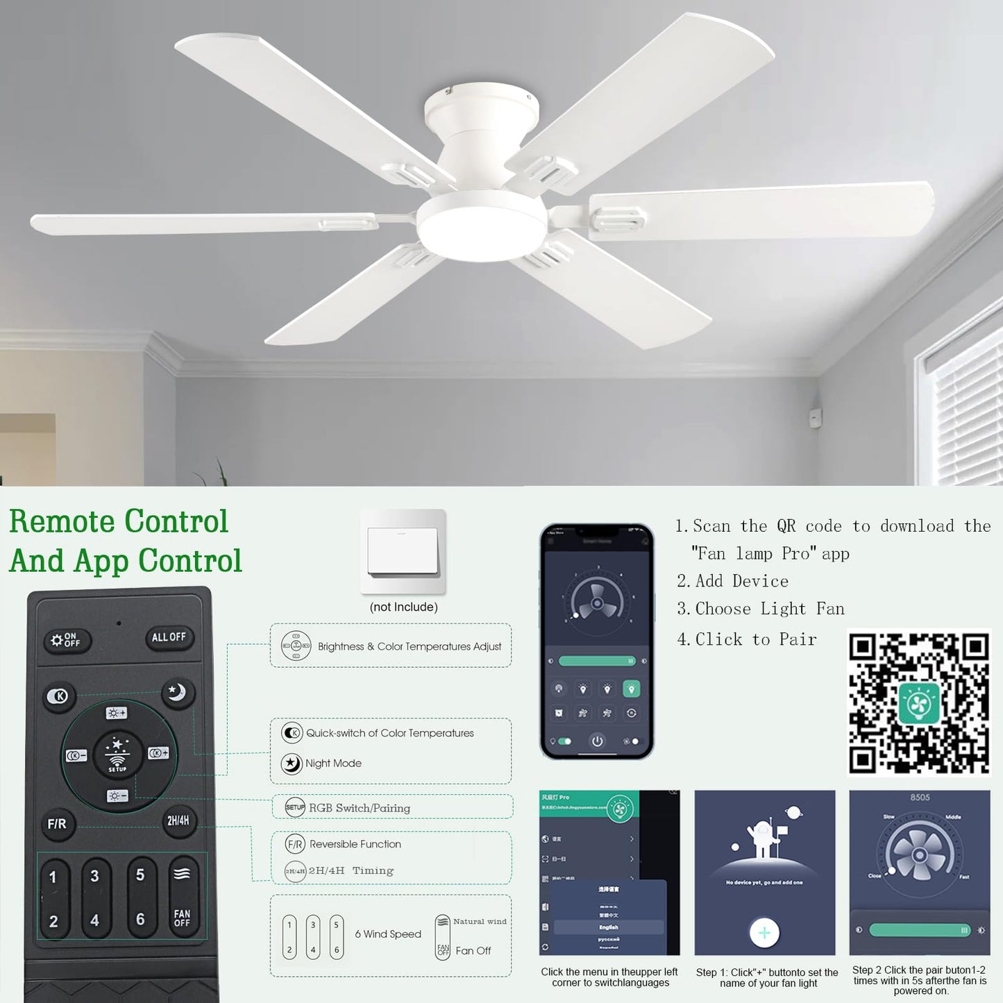 KNUN 56 inch Ceiling Fans with Lights, White Flush Mount Ceiling fan with Light and Remote/APP Control, 3CCT,Dimmable, Noiseless, Low Profile Ceiling Fan for Bedroom, Patio, Indoor/Outdoor Use