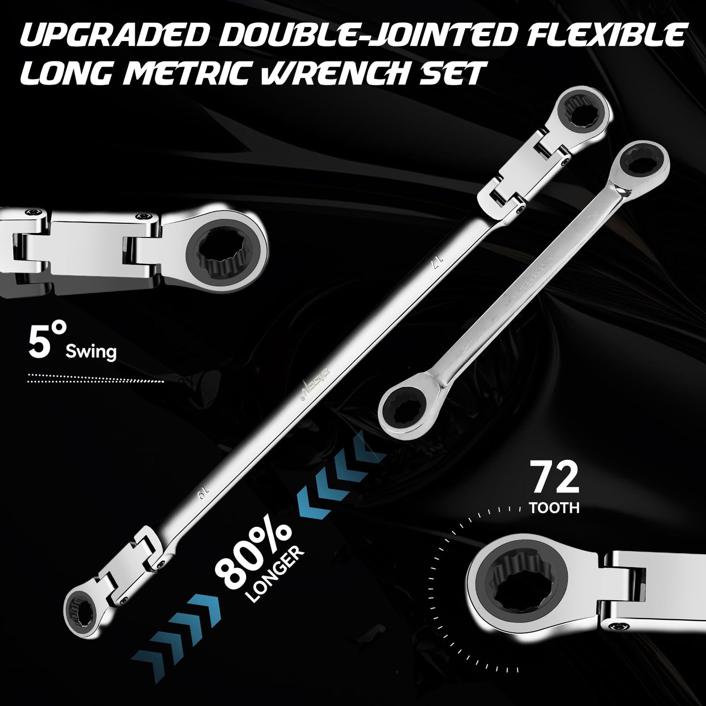 DISEN Double Jointed Extra Long Flex Head Ratchet Wrench Set, 6 PCS Metric 8-19mm Box End Ratcheting Wrench with a Magnetic Pickup Tool Kit, 72-Teeth, Cr-V Steel,12 Point Combination Wrench set