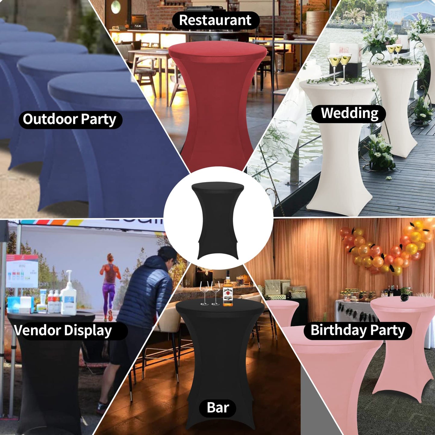 FestiCorp 6 Pack Spandex Black Table Cover, Cocktail Fitted Tablecloths, Round Highboy Stretch Table Covers Cloths for Party, DJ, Bar, Wedding, Birthday, Banquet, 30"-32" Diameter x 40"-43" Height