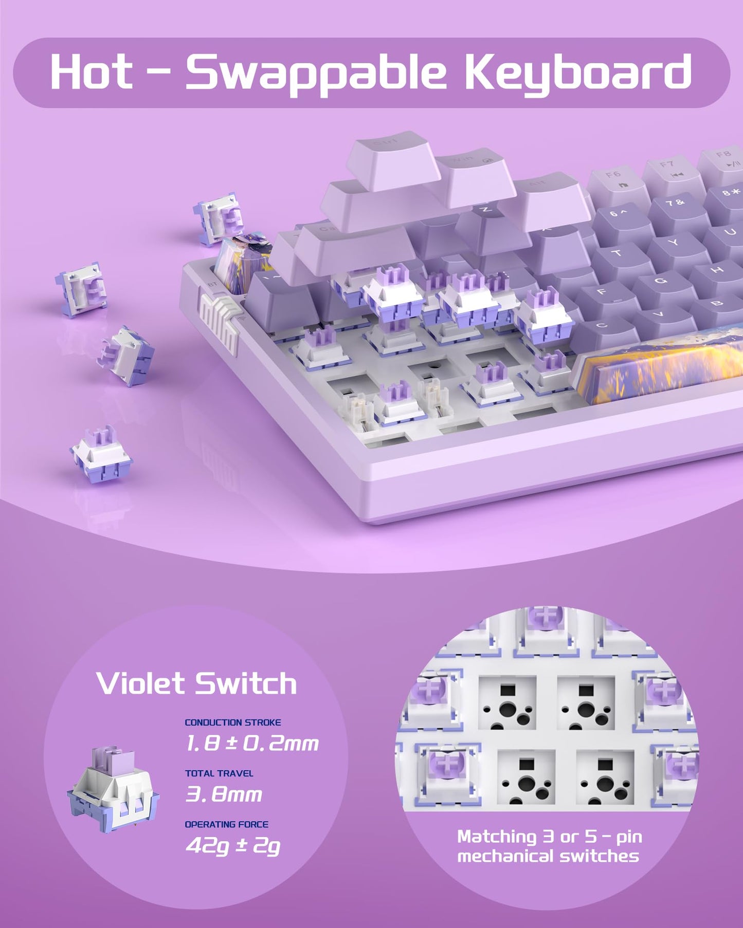 MageGee SKY98 Wireless Gasket Mechanical Gaming Keyboard, 96% Hot Swappable RGB Custom Creamy Keyboard with 5-Layer Sound Padding, BT/2.4G/USB-C, NKRO for Win/Mac (Lavender, Violet Switch)