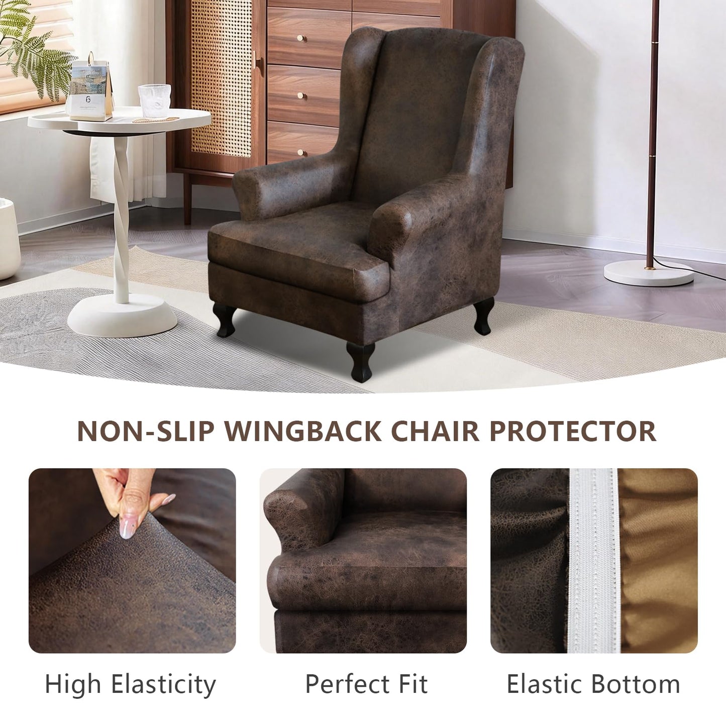 ANARACHON Leather Look Wingback Chair Covers, 2-Piece Wing Chair slipcover,Stretch Wing Back Armchair Slipcovers with Elastic Bottom, Soft Spandex FurnitureProtector for Living Room (Brown #2)
