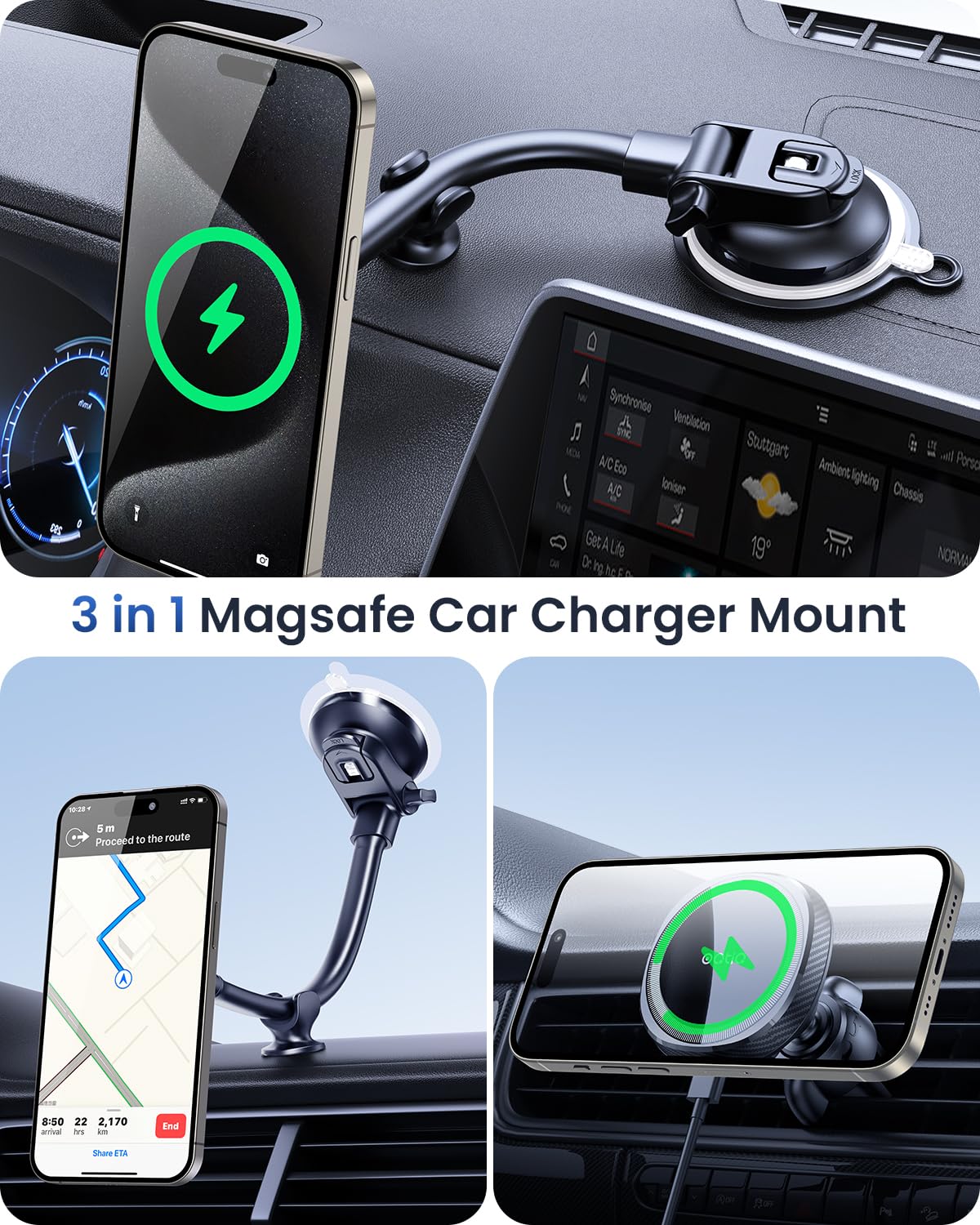 OQTIQ for MagSafe Car Charger, Magnetic Wireless Car Charger Compatible with iPhone 16 15 14 13 12 Series, 15W Fast Charging Car Phone Mount for Windshield Dashboard Air Vent [with QC 3.0 Adaptor]