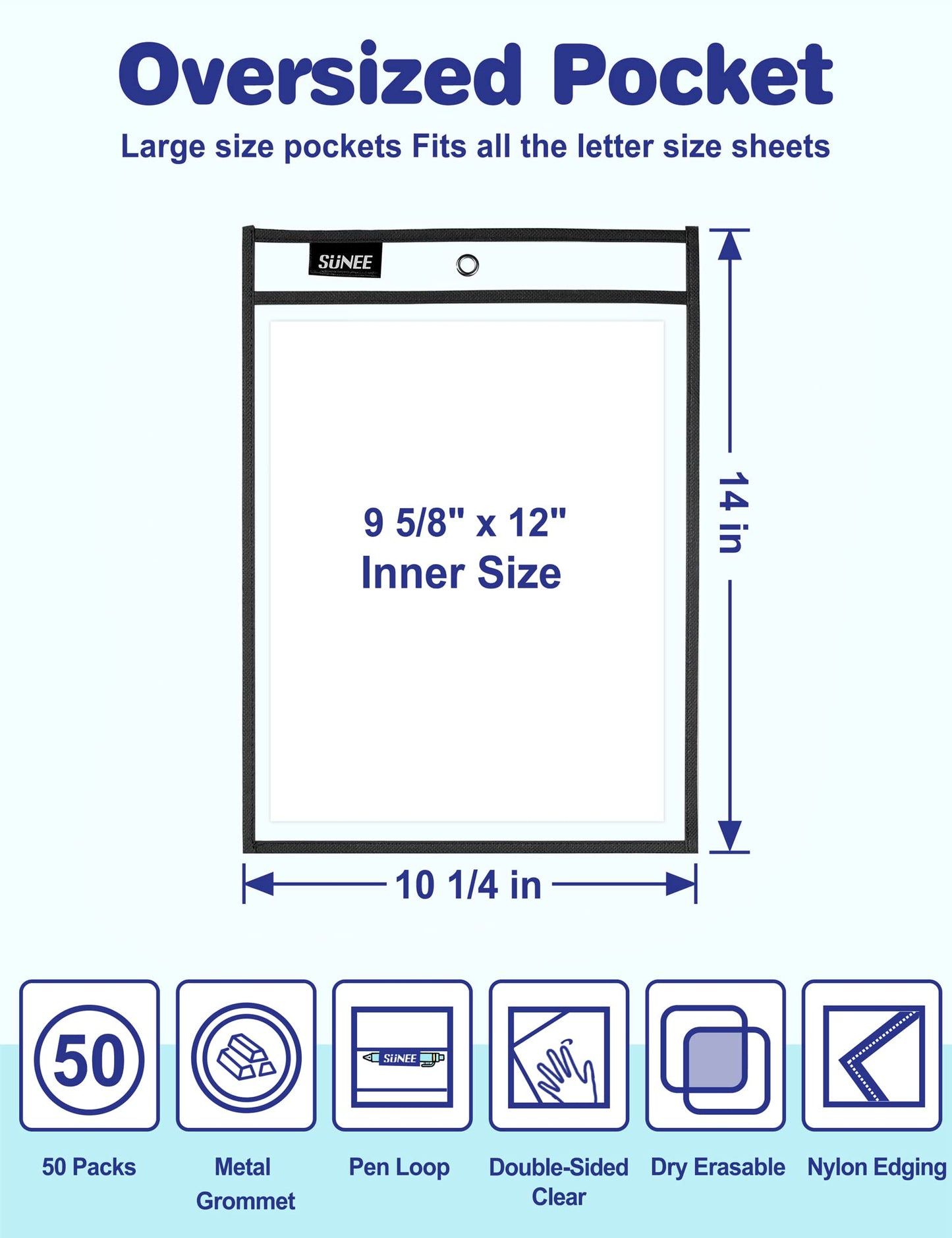 SUNEE 50 Packs Oversized Reusable Dry Erase Pocket Sleeves with 3 Rings, Black 10x14 Ticket Holders, Clear Plastic Sheet Protectors, Teacher School Classroom Supplies