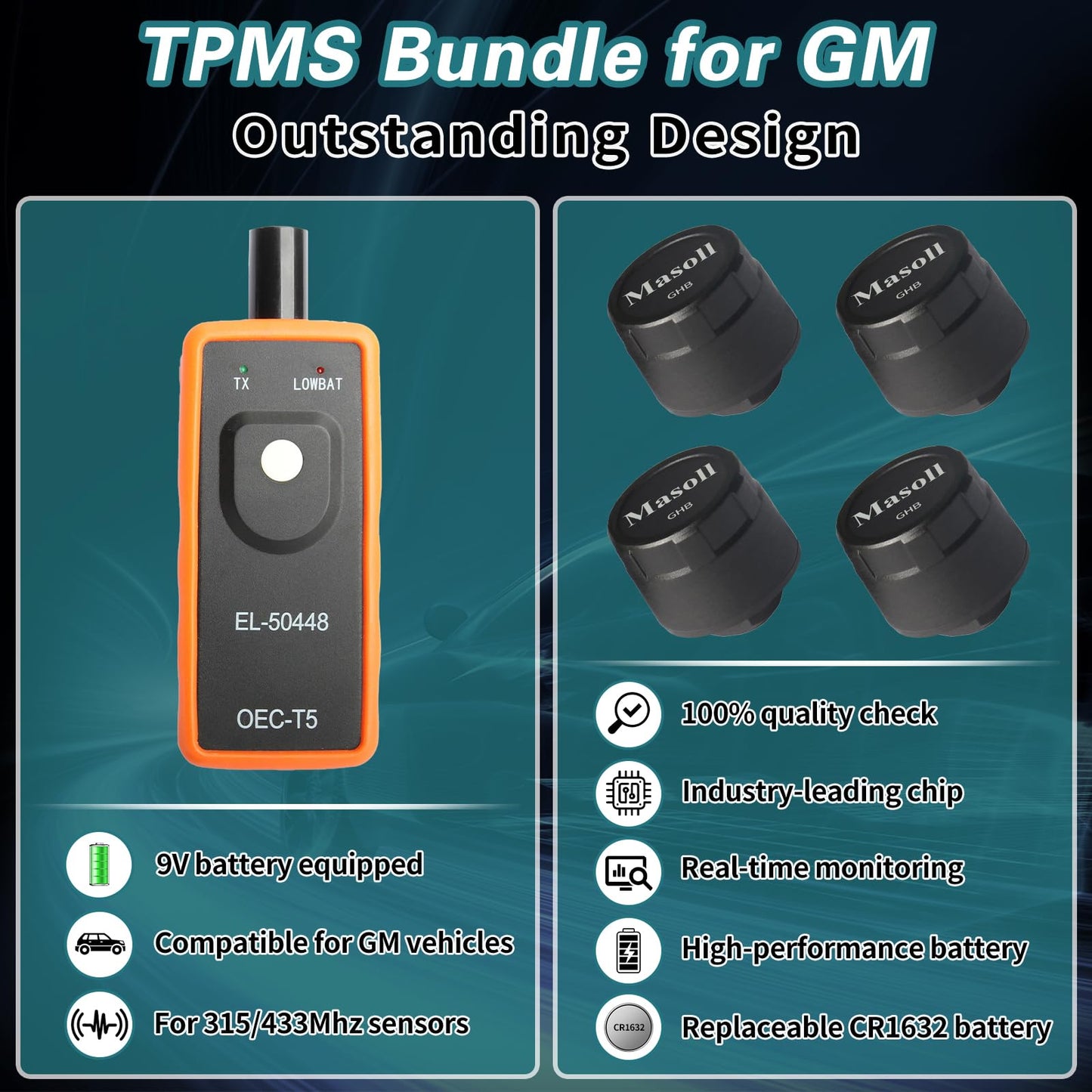 Masoll TPMS Sensor for GM Chevy Chevrolet Silverado Buick Cadillac GMC, Gen 2 TPMS Sensors Set of 4 with 1 TPMS relearn Tool, External Tire Pressure Sensor, Easy to Install