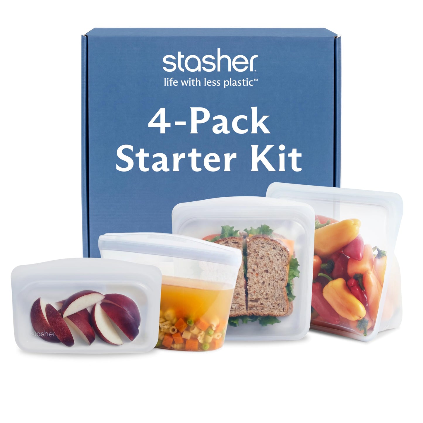 Stasher Silicone Reusable Storage Bags, 4-Pack Starter Kit, Reusable Freezer Bags, Microwave, Dishwasher, Oven Safe, Sous Vide, Premium Lunch Containers, Eco Friendly, Food Storage Bags, Clear