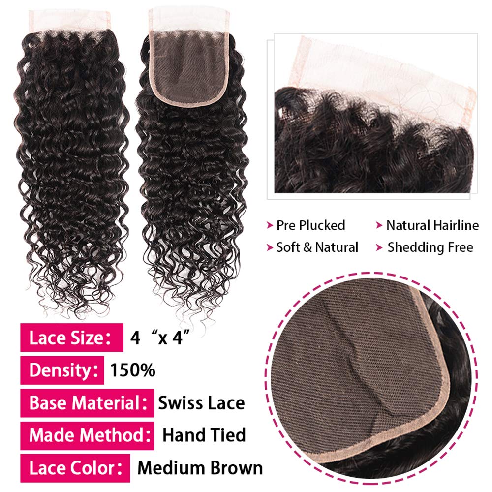 Wet and Wavy Bundles with Closure (10 12 14+10) 8A Unprocessed Water Wave Hair 3 Bundles 100% Virgin Brazilian Human Hair Bundles with Closure Can Be Dyed