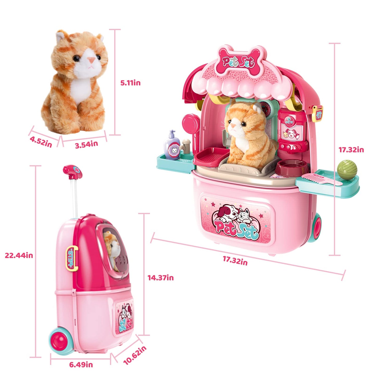 MAGIC4U Pet Cat Care Carrier Suitcase Toy, 29PCS Vet Clinic and Doctor Kit for Kids, Pet Kitty Grooming Feeding Toys, Veterinarian Pretend Play Set, Gifts for Boys and Girls Ages 3-12