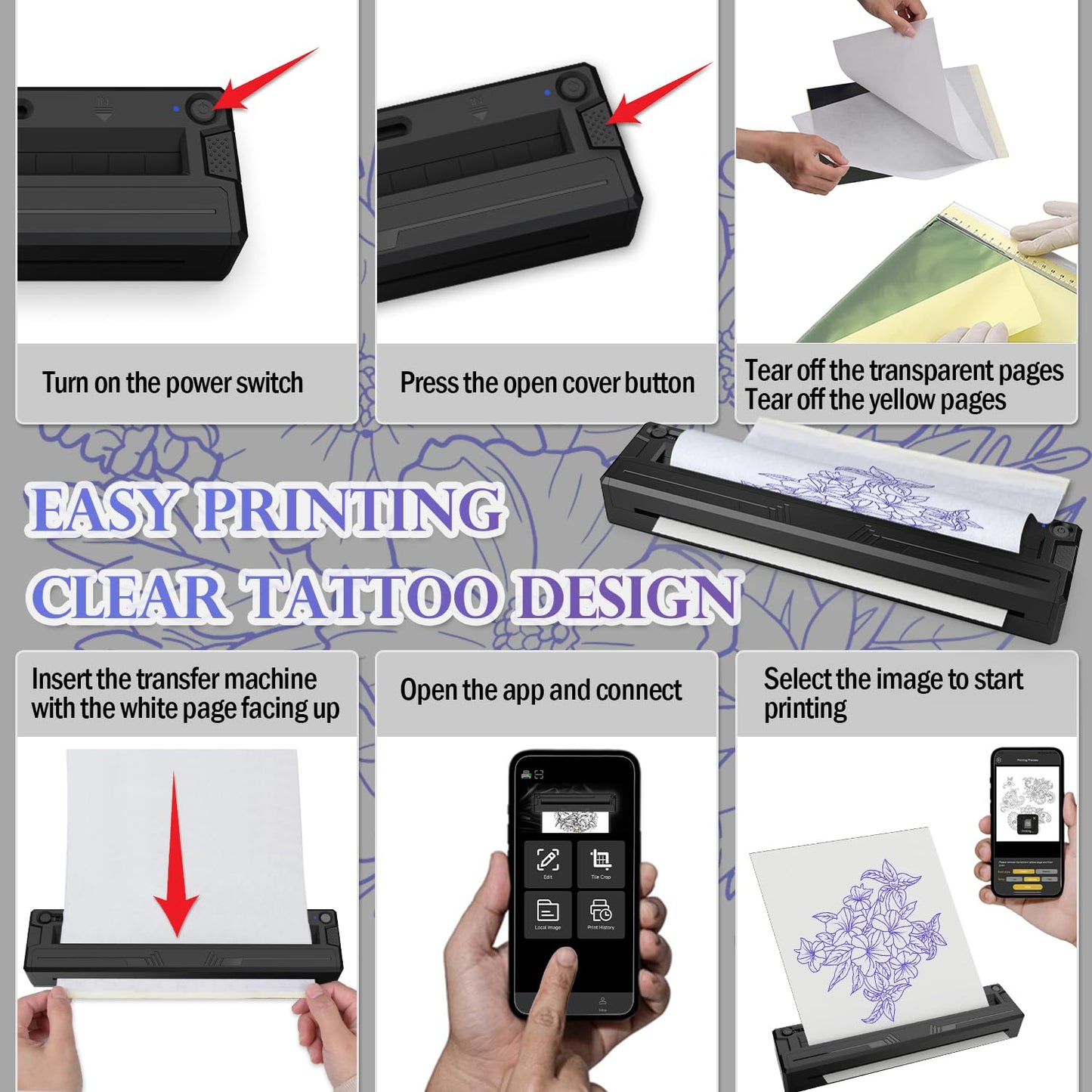 Sacnahe Wireless Tattoo Stencil Printer, Portable Bluetooth Thermal Tattoo Printer with App Custom-Size≤ A4, Print Realistic Portraits, 10 Transfer Papers, Works for Phone/Tablet/PC (Black)