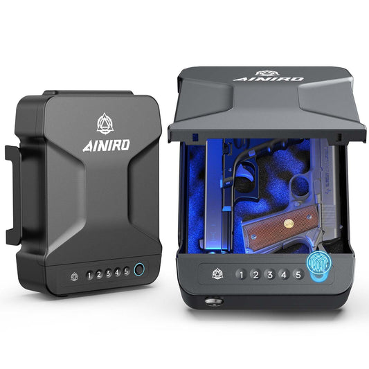 AINIRO Gun Safe for Handgun, Small Biometric Gun Safe with Built-in Handle Gun Lock Box for Pistols with Fingerprint, Keypad and Key Unlock Pistol Safe for Home, Car, Truck, Bedside Nightstand