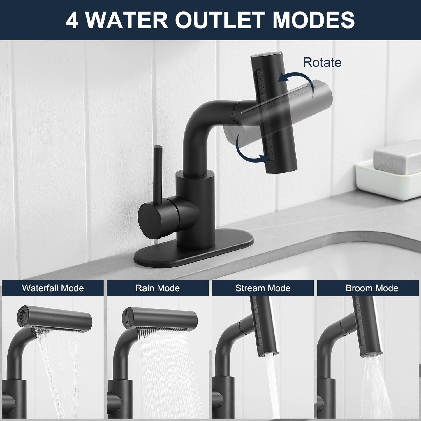 Kroias Matte Black Bathroom Sink Faucet with 4 Mode Pull Down Sprayer, Pull Out Bathroom Faucet with Pop-Up Drain, 1 or 3 Hole Single Handle Laundry Bar Vanity Rv Faucet with cUPC Supply Lines