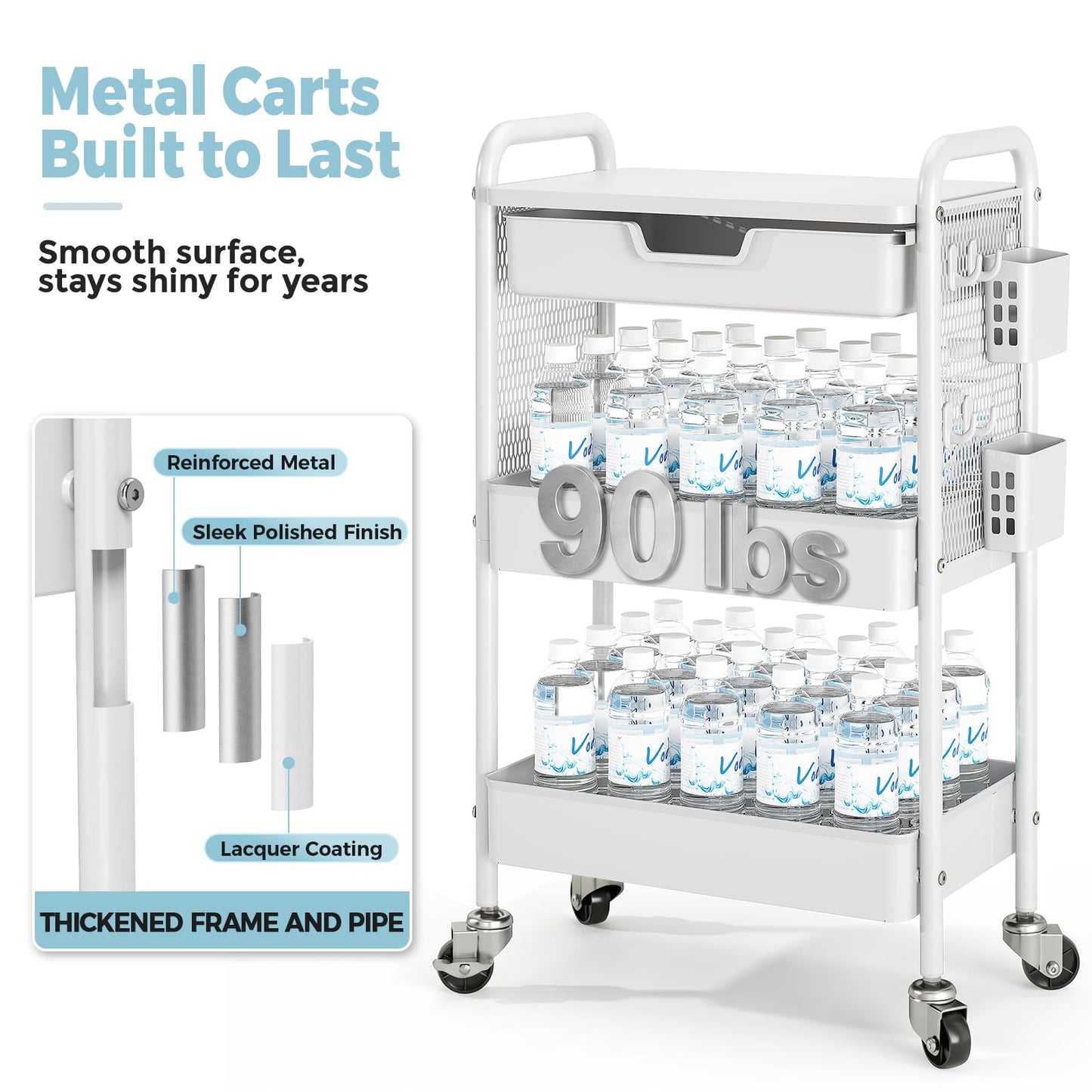 3 Tier Metal Rolling Utility Cart with Drawer & Pegboard - Multifunctional Storage Cart on Wheels with Tabletop, Hooks & Basket, Sturdy Craft & Art Cart for Bathroom, Bedroom, Children Room, White