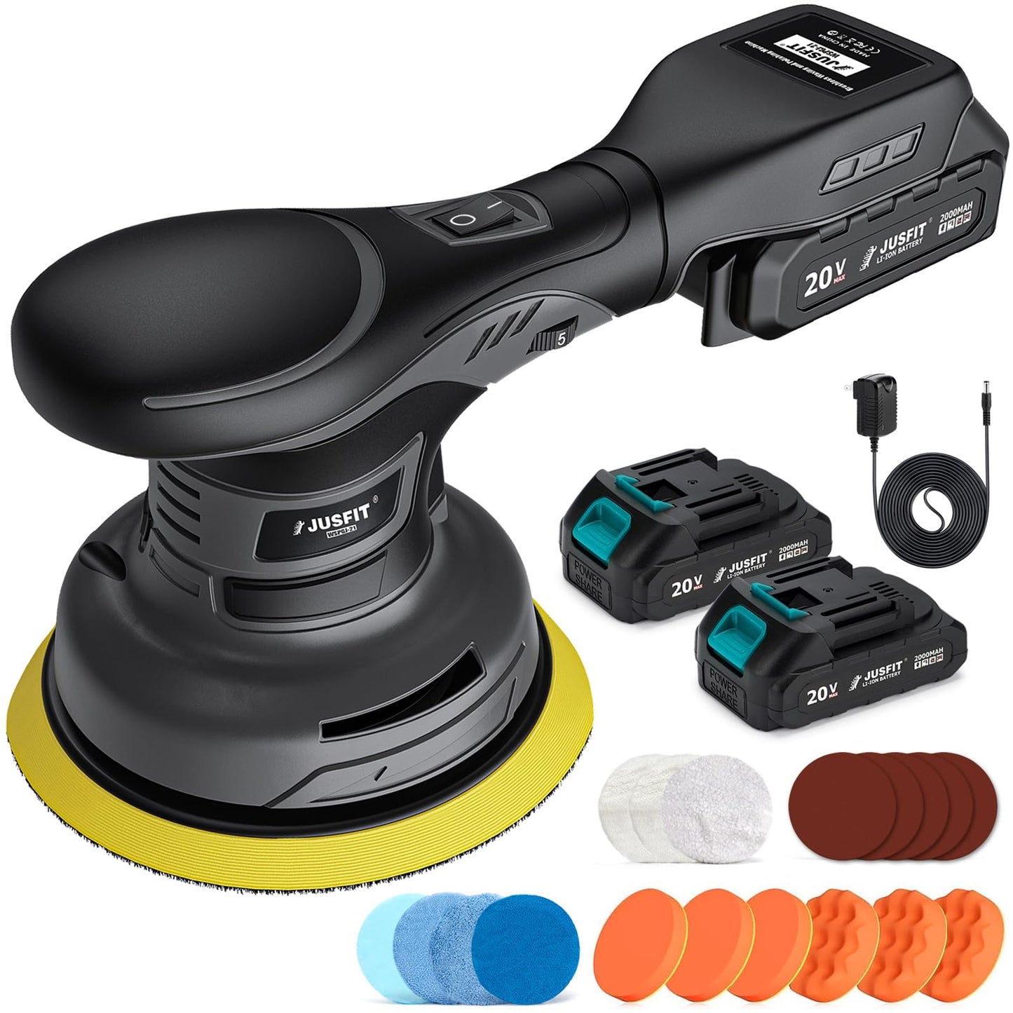JUSFIT Cordless Car Buffer Polisher kit, 2x 2000mAh 20V Batteries, 6-Speed Brushless Motor, 6-Inch Pad, 3.0LB Lightweight, Dual Action Random Orbital, Car Detailing, Boat, Wood & Furniture