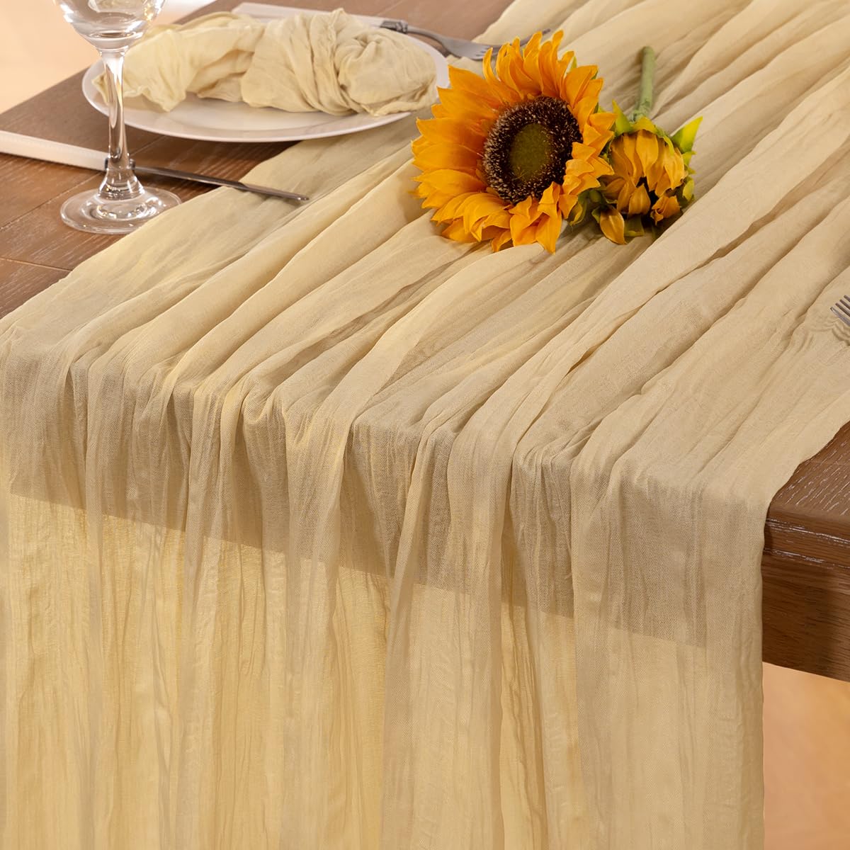 DeZerlor Champagne Gold Cheesecloth Table Runner 12 Pack Summer Sheer Cheese Cloth Table Runners Boho Gauze 120 Inches Summer Table Decorations for Champagne Bridal Shower Wedding Baby Shower Parties