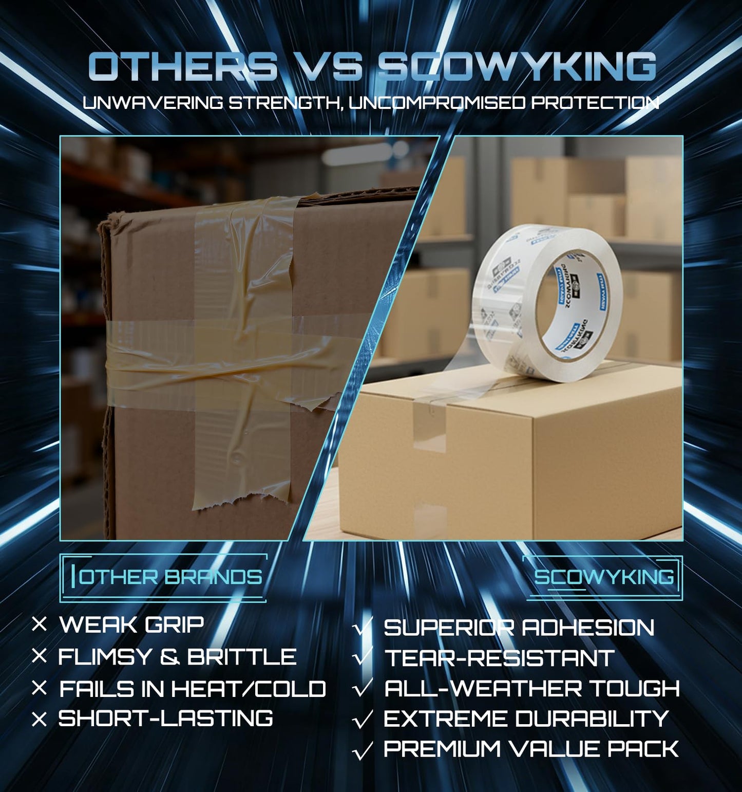 Scowyking Heavy Duty Packing Tape Refills 36 Pack, 2.7 Mil Clear Packaging Tape, 1.88" × 68 Yards, Compatible with Standard Tape Dispenser, No Residue Quiet Unwind for Moving Shipping Sealing Boxes