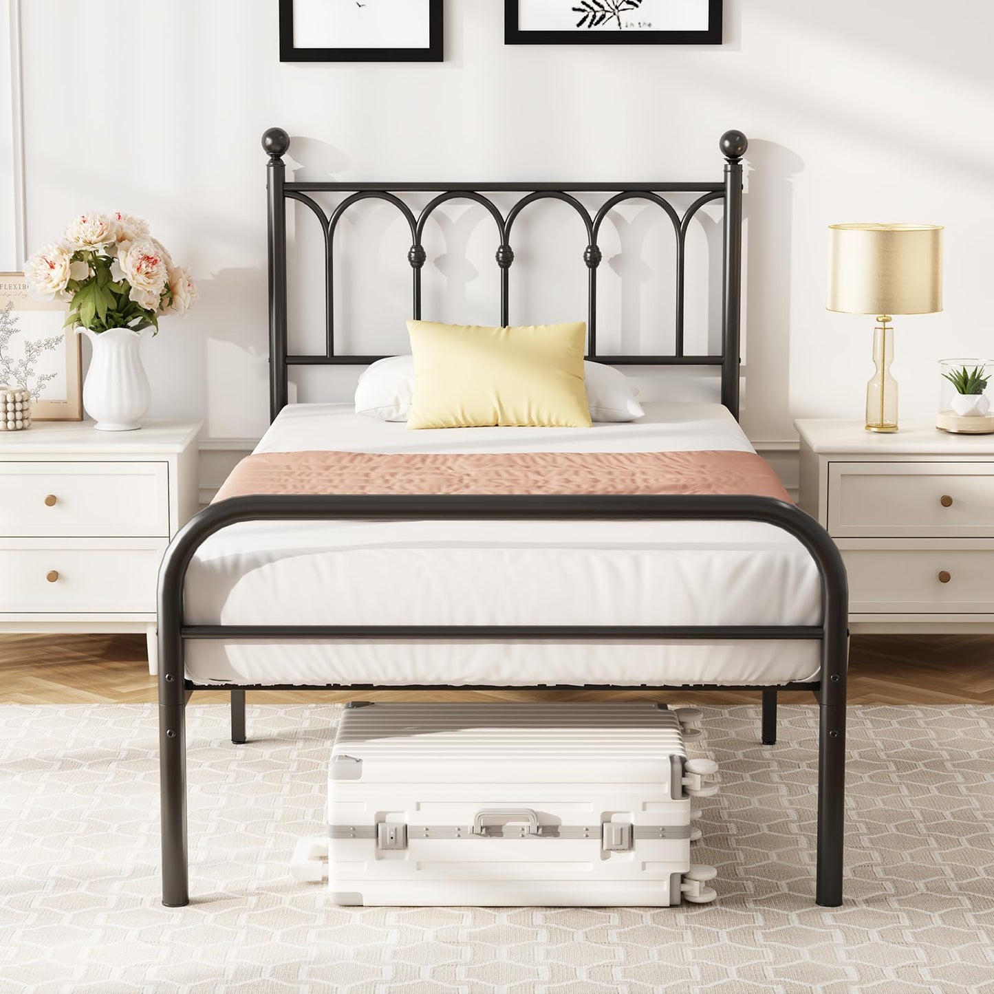 DUMOS Twin Bed Frame Metal Platform with 11.9" Under-Bed Storage, Heavy Duty Steel Slat Support and Iron-Art Headboard, No Box Spring Needed, Easy Assembly, Black