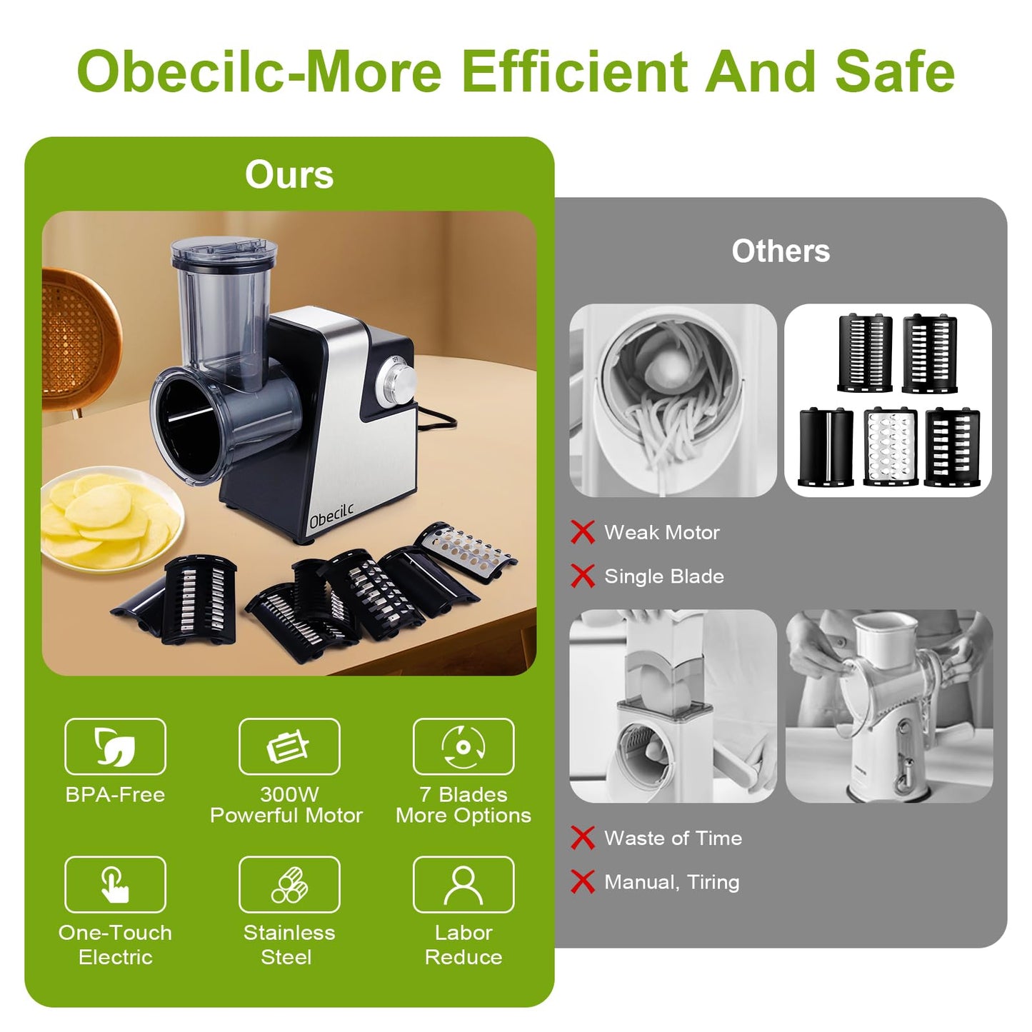 Upgraded 300W Electric Cheese Grater with 7 Stainless Steel Blades, Cheese Shredder Electric for Slicing, Shredding & Grinding Vegetables, Fruits and Nuts,Easy One-Touch Control
