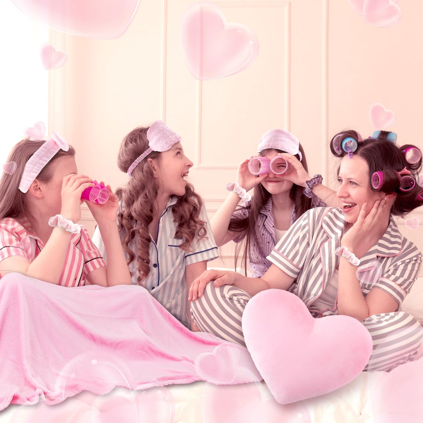 Fanfanwin 36 Pcs Sleepover Party Supplies 6 Throw Blanket 6 Spa Headband 6 Heart Pillows 6 Scrunchies 6 Sleep Eye Mask 6 Organza Bag for Spa Slumber Party Favors Supplies (Pink)