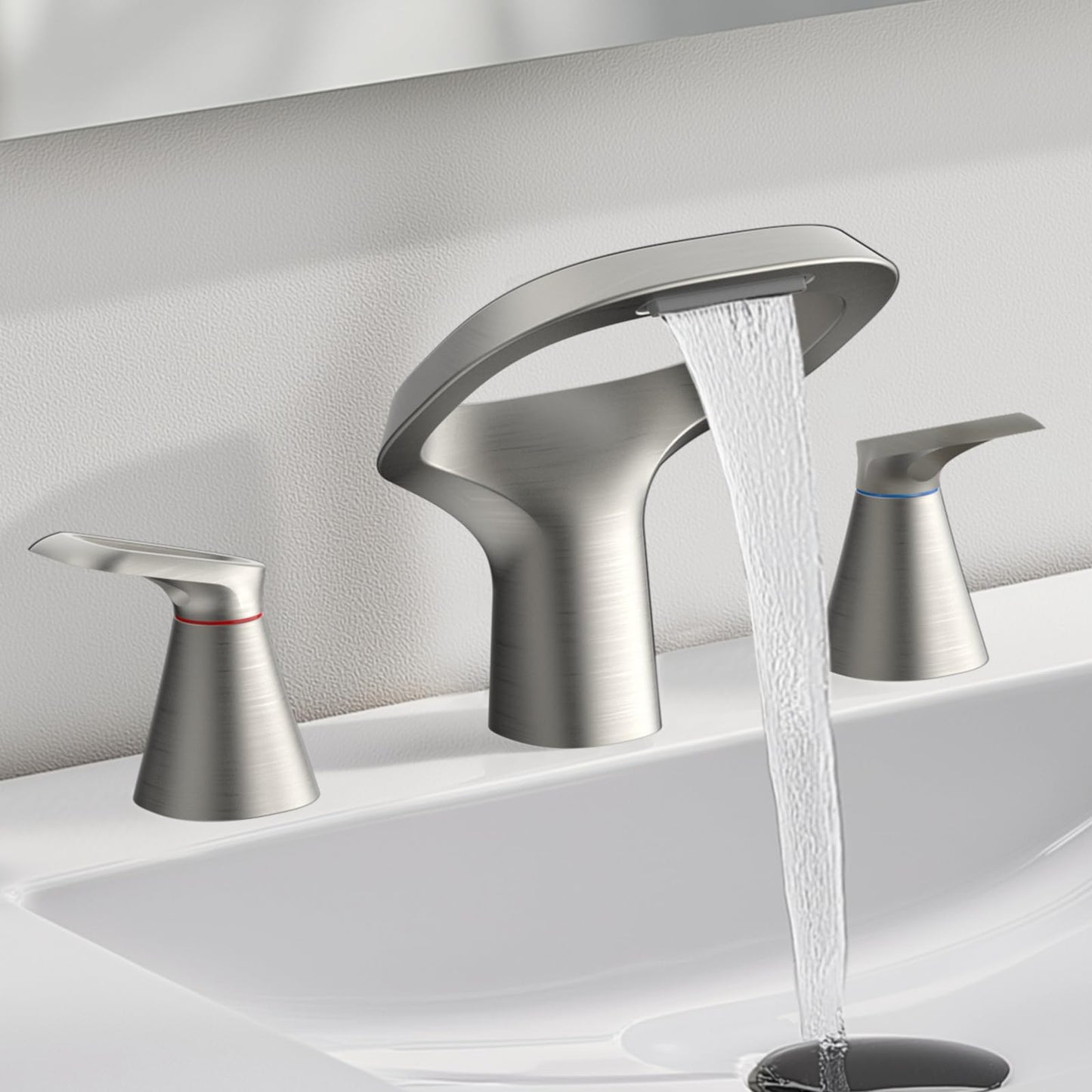 Bathroom Faucets for Sink 3 Hole, Bezeit 8 Inch Brushed Nickel Bathroom Faucet, Solid Brass Widespread Bathroom Faucet with Adjustable Waterfall Spout 2 Handles and 2 Supply Hoses