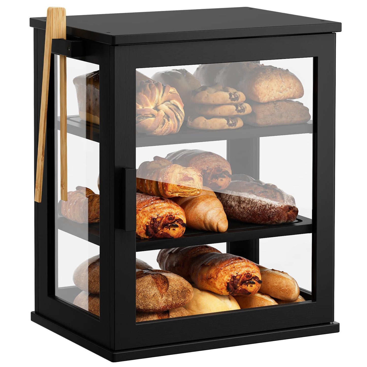 WOWLIVE Black Bread Box for Kitchen Countertop, Large 3 Layers Bread Storage Container for Homemade Bread with Window, Farmhouse Breadbox Organizer for Kitchen, Cabinet, Pantry (Black, Meduim)