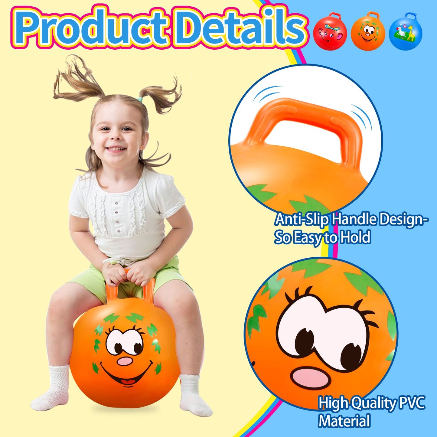 Ynanimery Space Hoppers 18 Inch Jumping Ball with Handle, Jumping Ball with Pump for Boys Girls Age 3-8, Indoor & Outdoor Garden Game