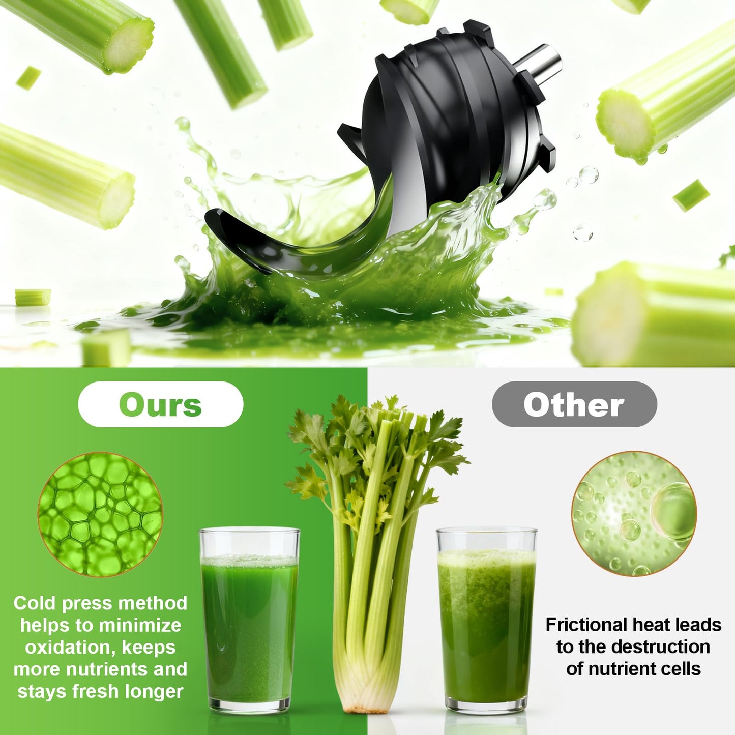 Masticating Juicer Attachment for KitchenAid Stand Mixer, 4.9" Large Feed Chute Fit Whole Vegetables & Fruits, Slow Cold Press Juicer Includes 2 * 32oz Capacity Cups, Juicer Attachment for Kitchen Ai