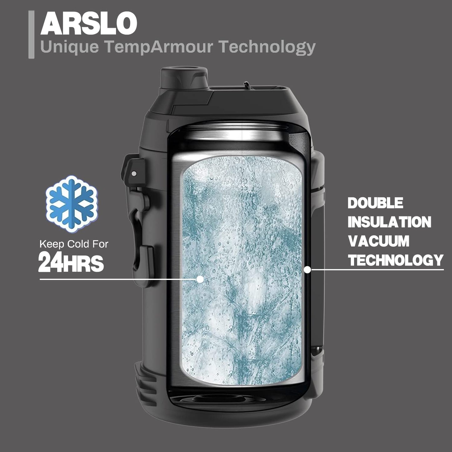 Arslo Sports Water Jug - Gallon Water Bottle - Large Insulated Stainless Steel Bottle for Gym, Workouts, Basketball, Football, Soccer - Keep Water Cold for Up To 24 Hours - 108 Ounce (Black)