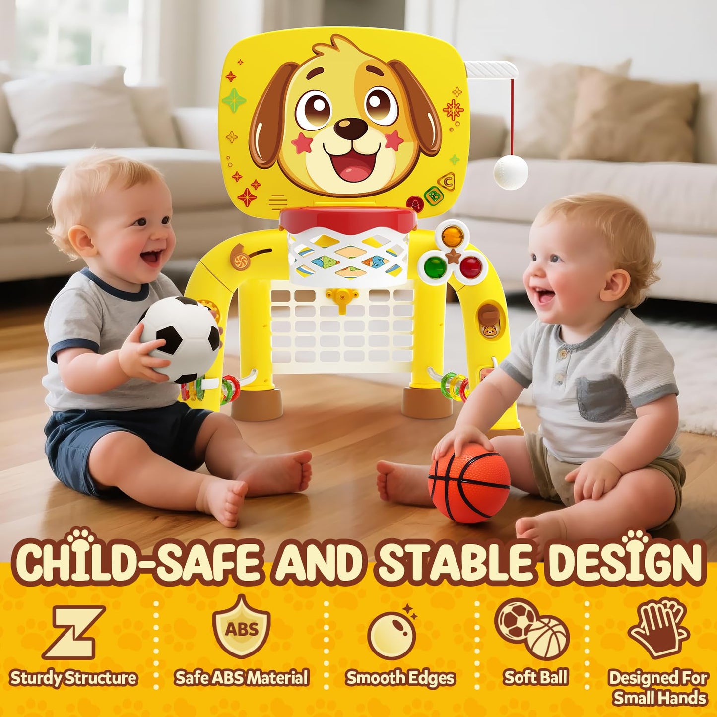 Toys for 1 Year Old Boy - Toddler Basketball Hoop & Soccer Goal & Baseball Activity Center with Light Sound Music, Puppy Montessori Sports Toy, Christmas Birthday Gift for Baby 12-18 Months, Yellow