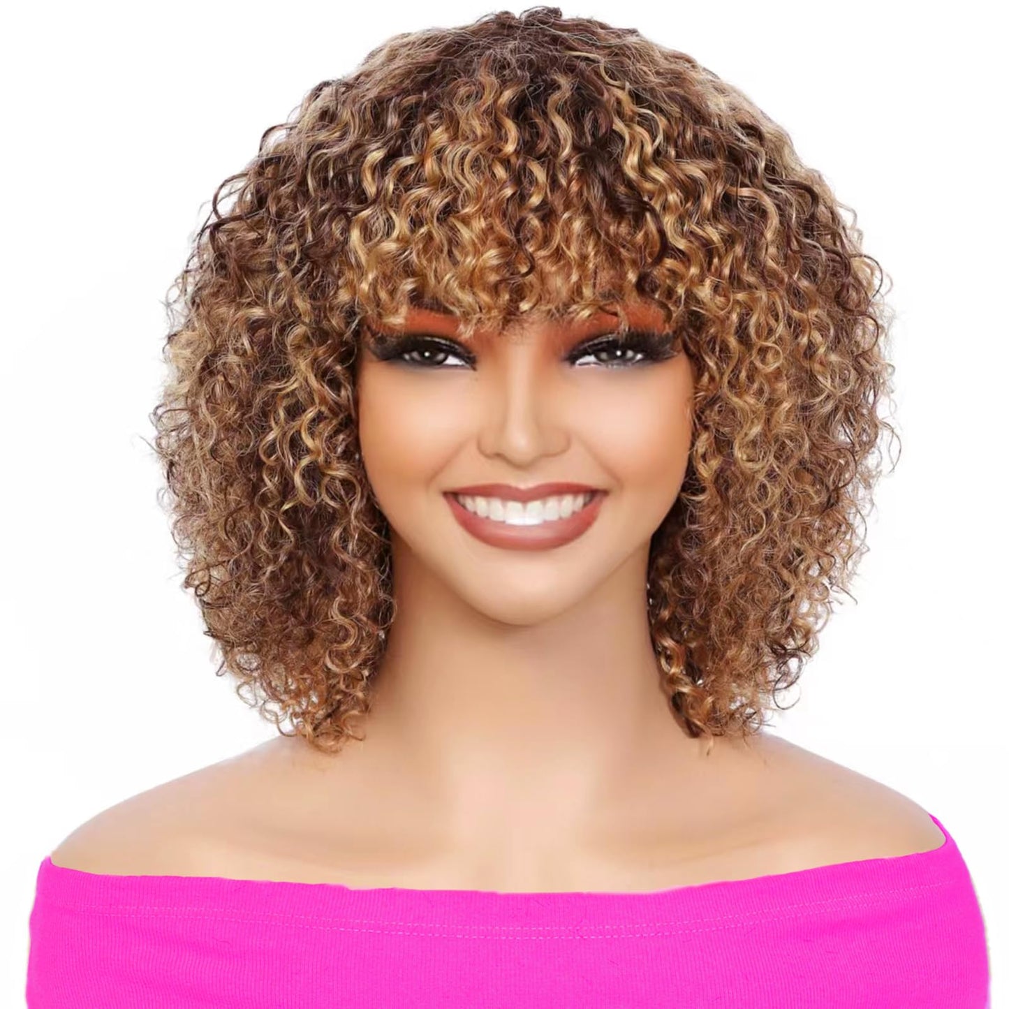LYOLKSER 200 density short curly human hair wig with bangs 100 percent human hair no lace wig for black women highlight P4/27 brown and blonde 12 inch