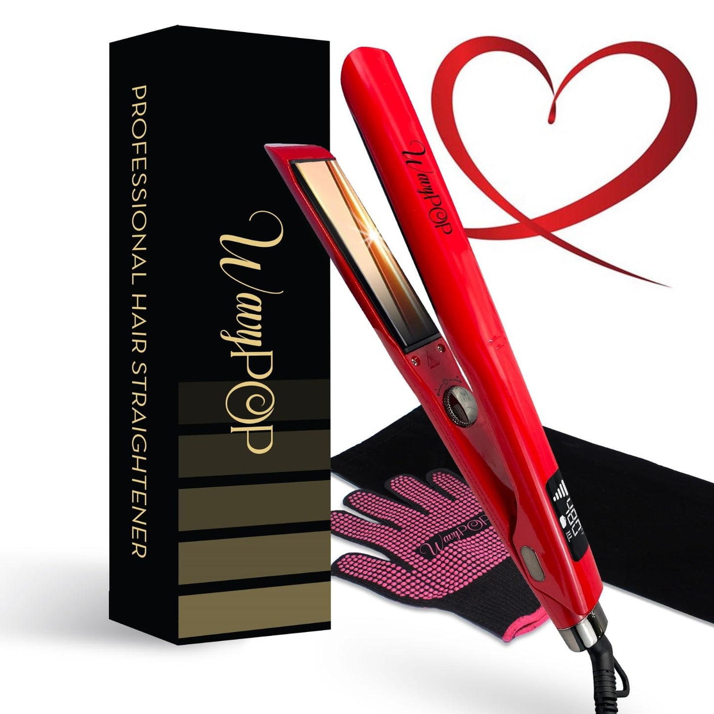 Wavy POP PRO 2 in 1 Titanium Flat Iron Hair Straightener & Curling Wand Red | Professional Straightening Hair Iron with Ceramic MCH Fast Heat, Auto Shut Off | Dual Voltage with Travel Bag