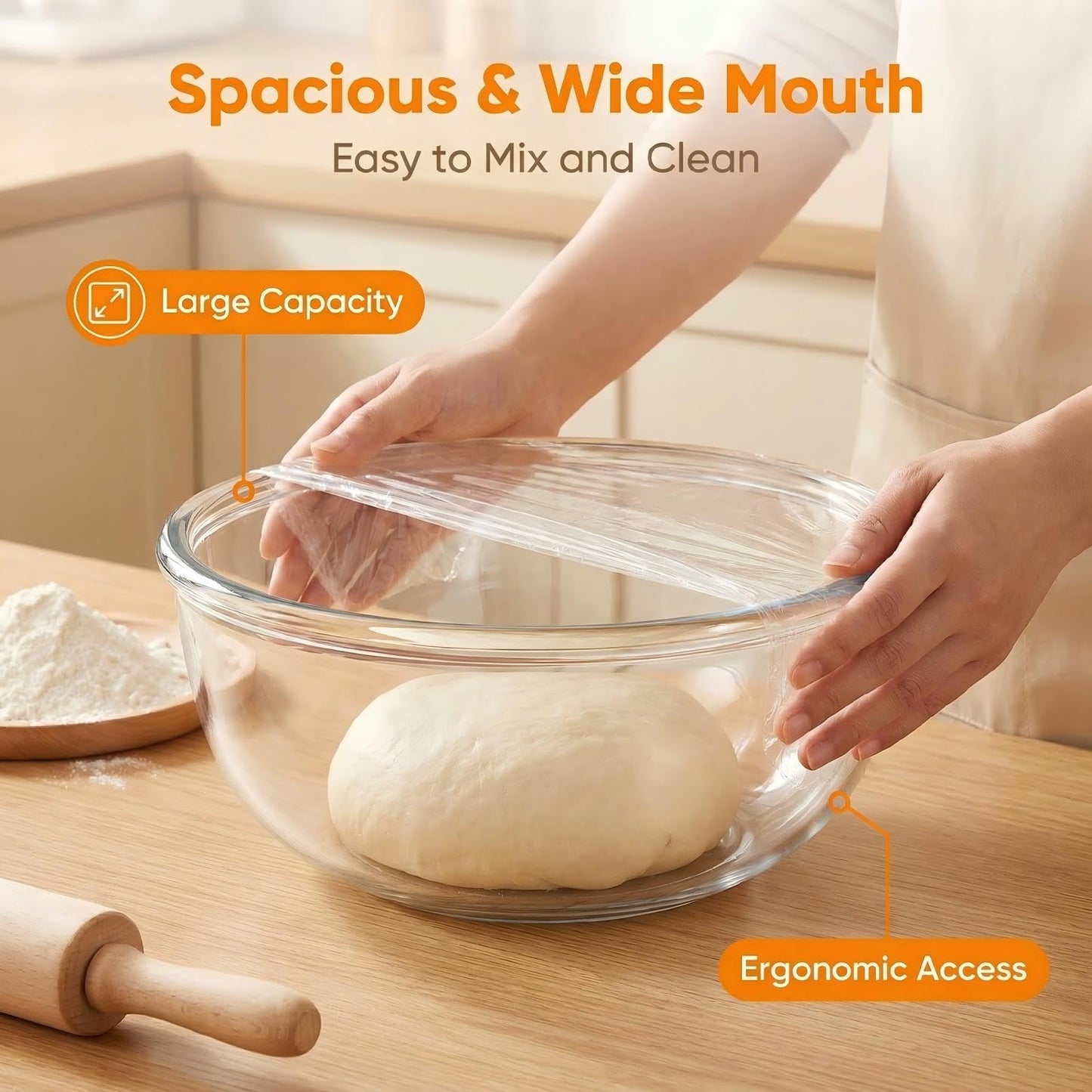 BECFISH Large Borosilicate Glass Mixing Bowls, Set of 2 (6.4QT, 3.7QT) - Heavy-Duty, Stackable & Lead-Free. Oven, Microwave, Dishwasher & Freezer Safe. Ideal for Sourdough, Baking, Prepping, Serving.