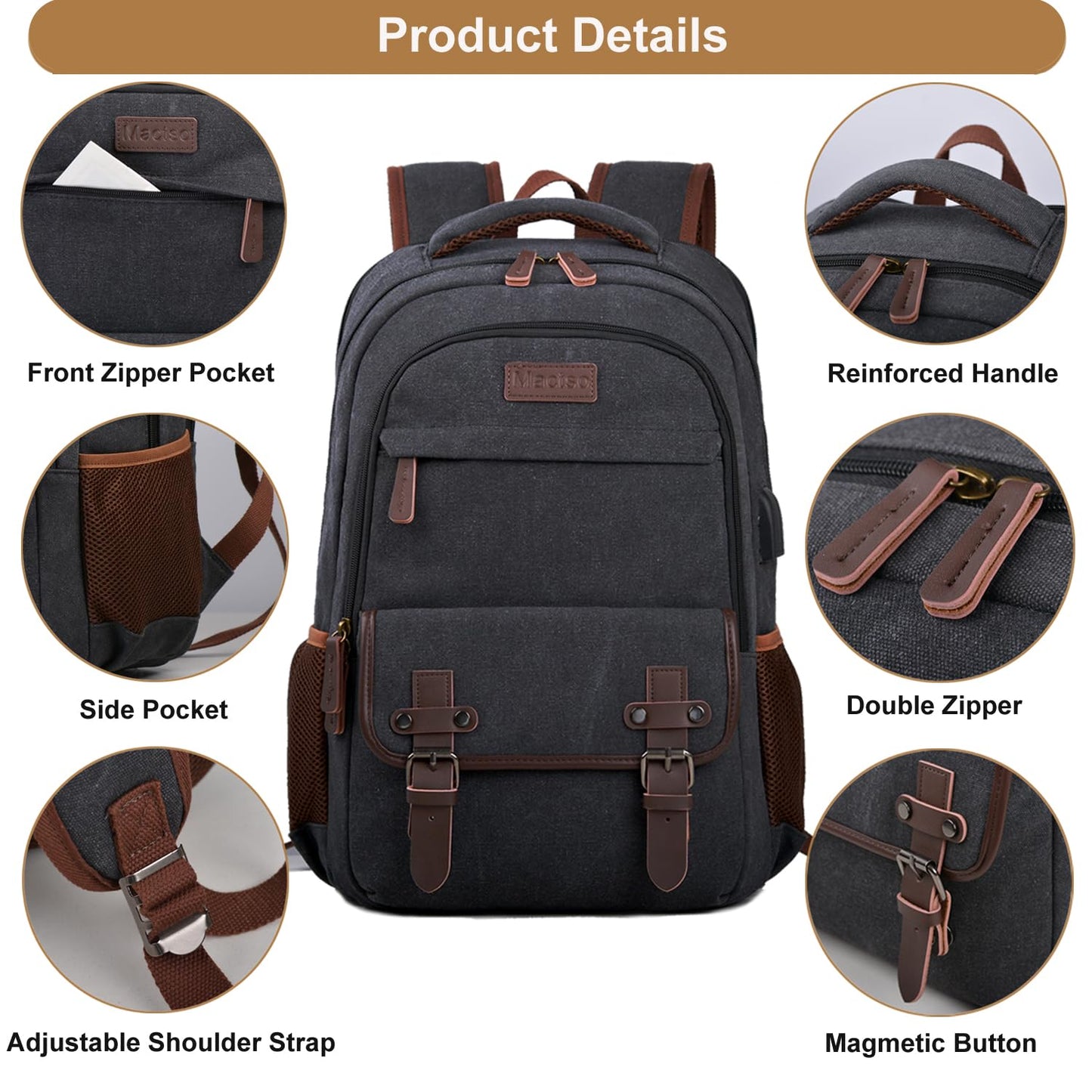 Mactso Canvas Travel Laptop Backpack for Men Women, Business Work Rucksack College School Computer Bag Fits 15.6 Inch Notebook,Bookbag with USB Charging Port (Black, 15.6 Inch)