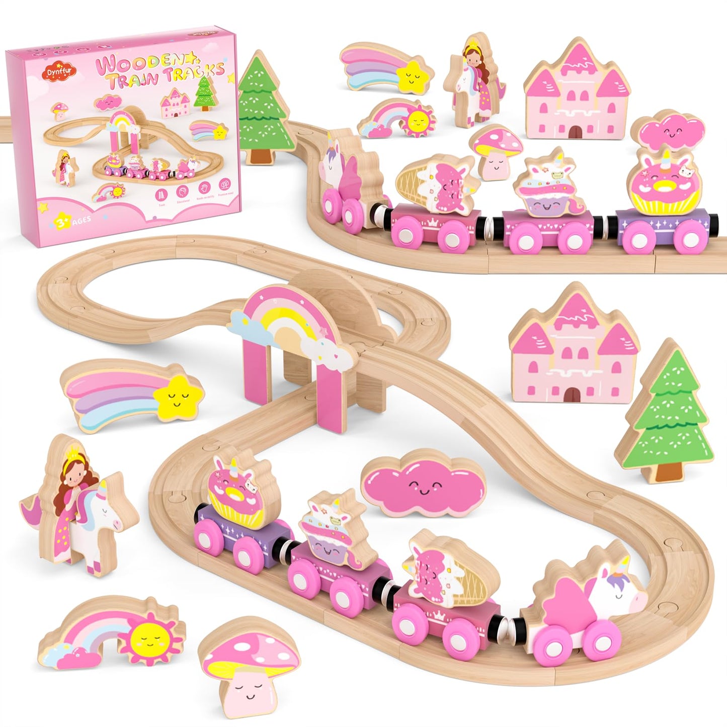 Wooden Train Set, Pink Unicorn Magnetic Train Set for Toddler 3-6, Wooden Train Track, Toddler Princess Toys for 3 4 5 6 Year Old Girl Birthday Gifts